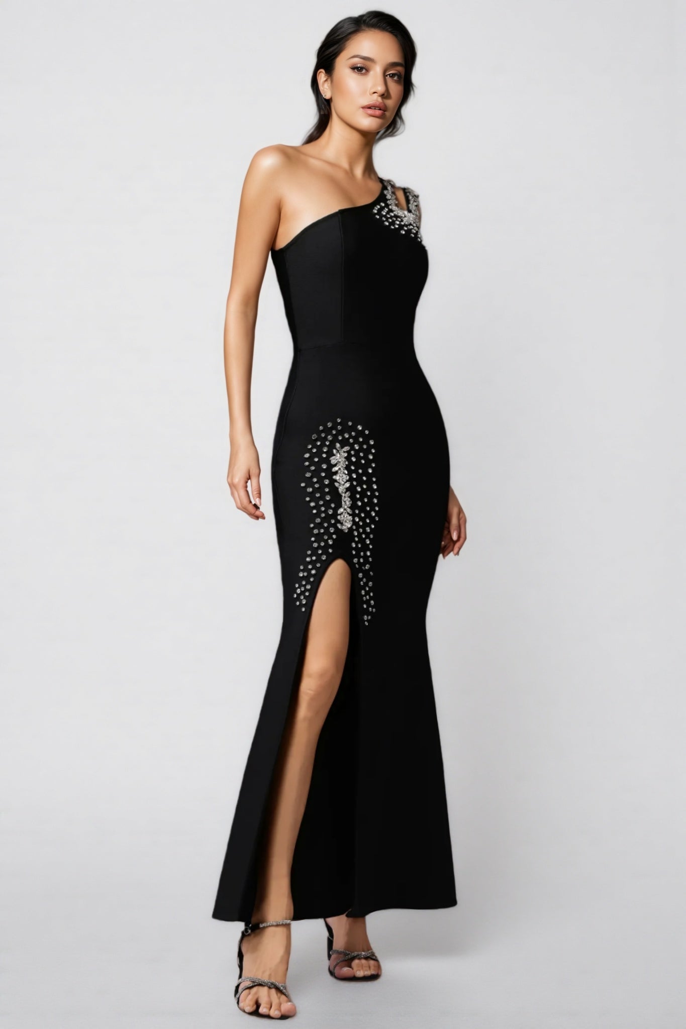 One Shoulder Cut Out Rhinestone Hip Embellished High Split Mermaid Maxi Gown