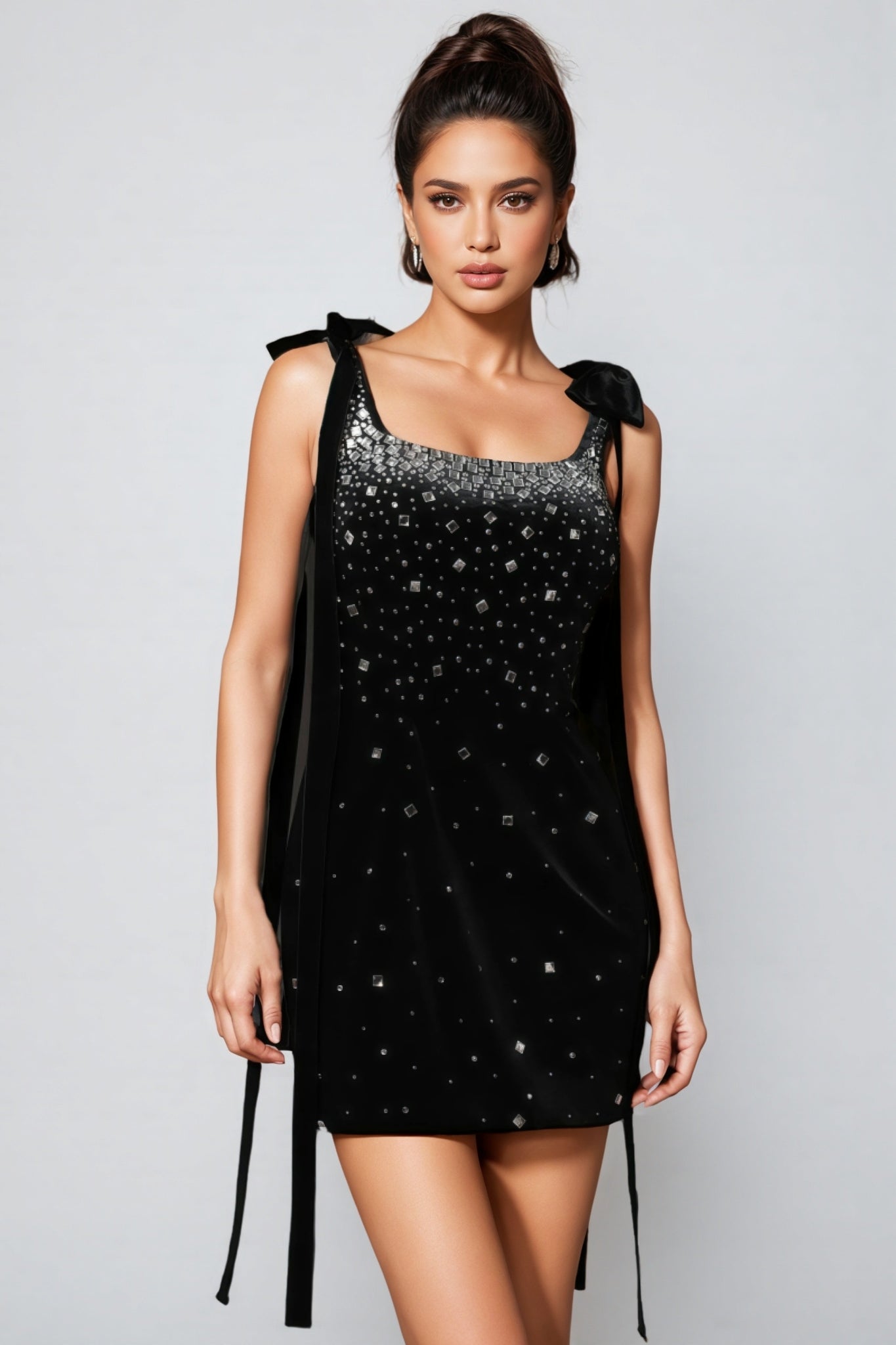 Velvet Square Neck Bow Strap Crystal Gradient Embellished Bodycon Mini Dress