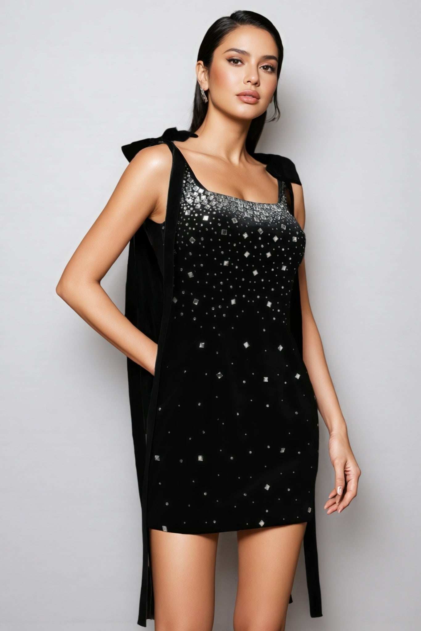 Velvet Square Neck Bow Strap Crystal Gradient Embellished Bodycon Mini Dress