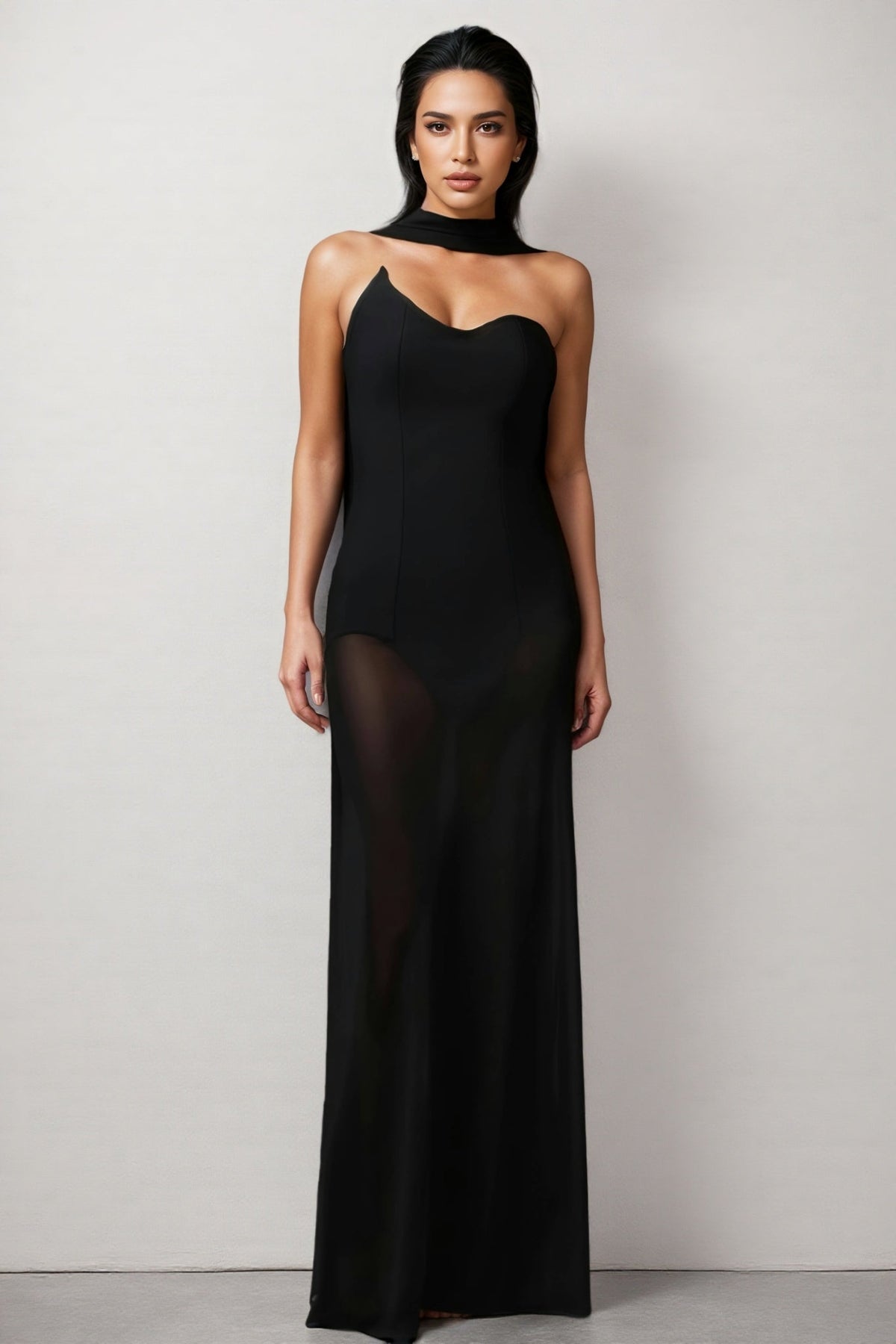Strapless Sheer Mesh Skirt Scarf Neck Bandage Maxi Dress 4