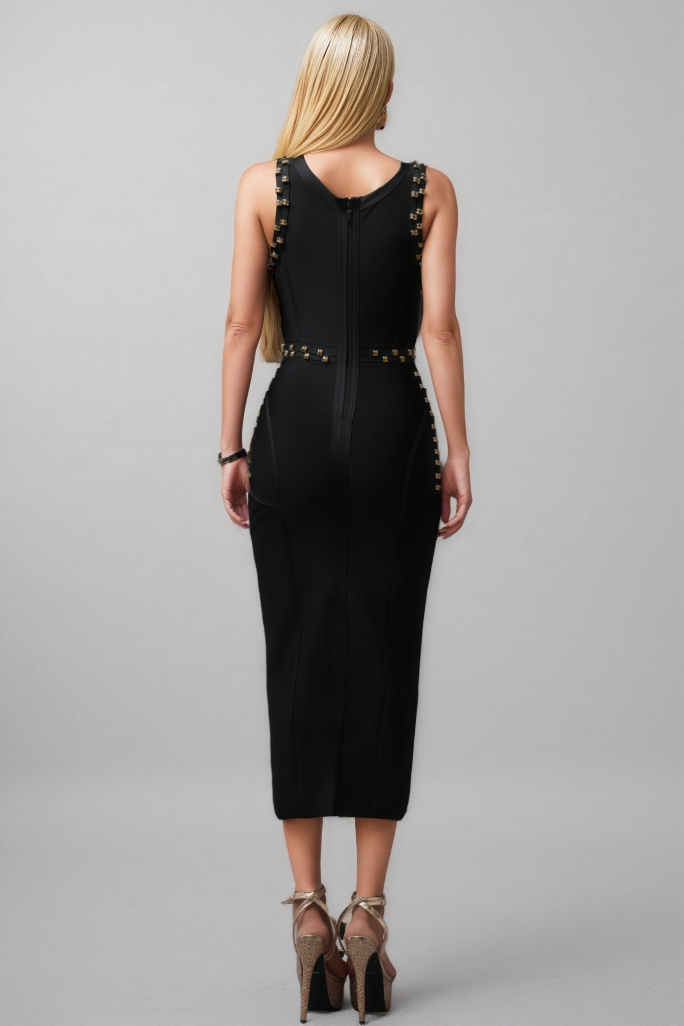 Metallic Stud Crew Neck Vertical Panel Waist Band Bandage Bodycon Midi Dress