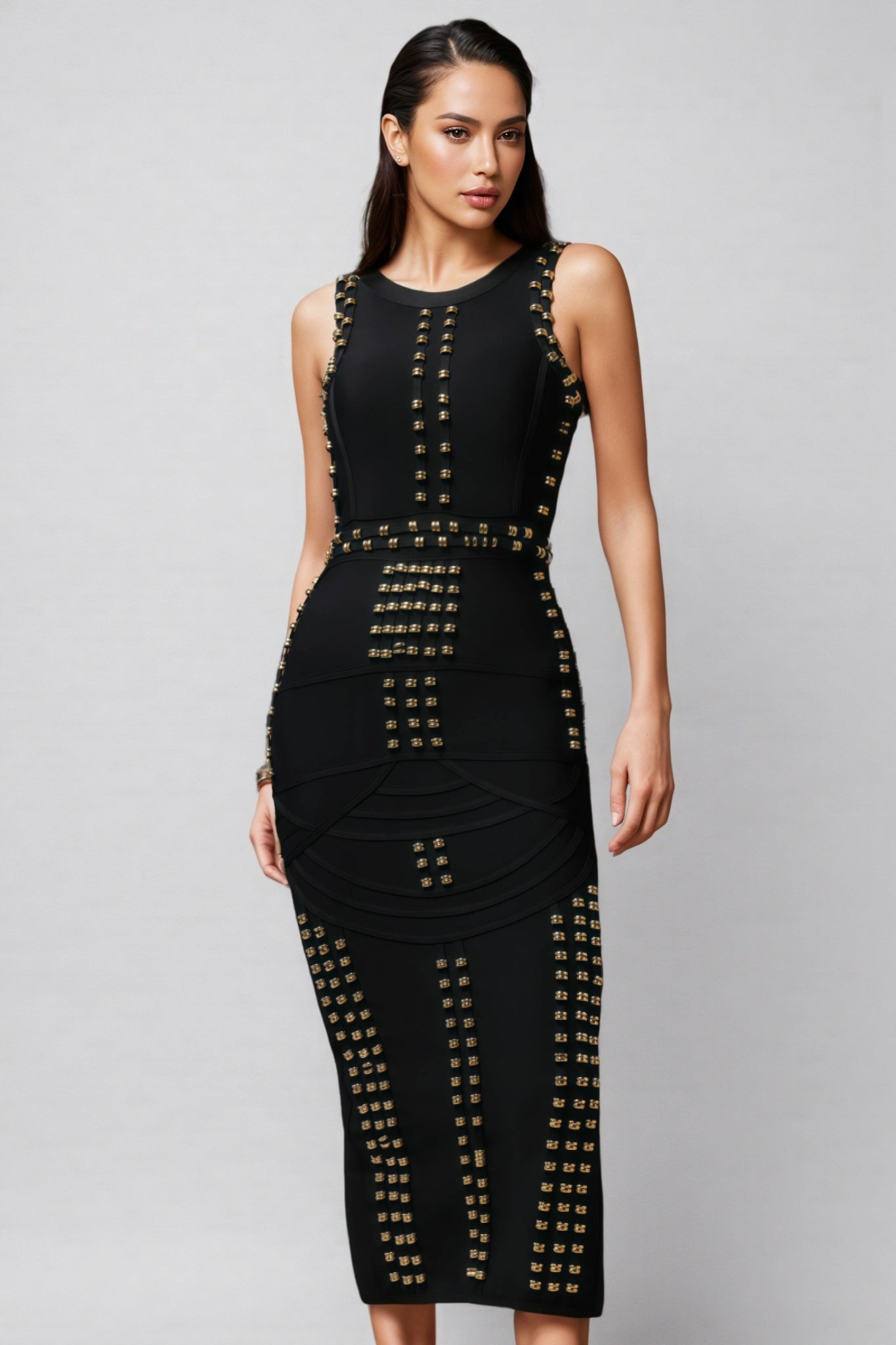 Metallic Stud Crew Neck Vertical Panel Waist Band Bandage Bodycon Midi Dress