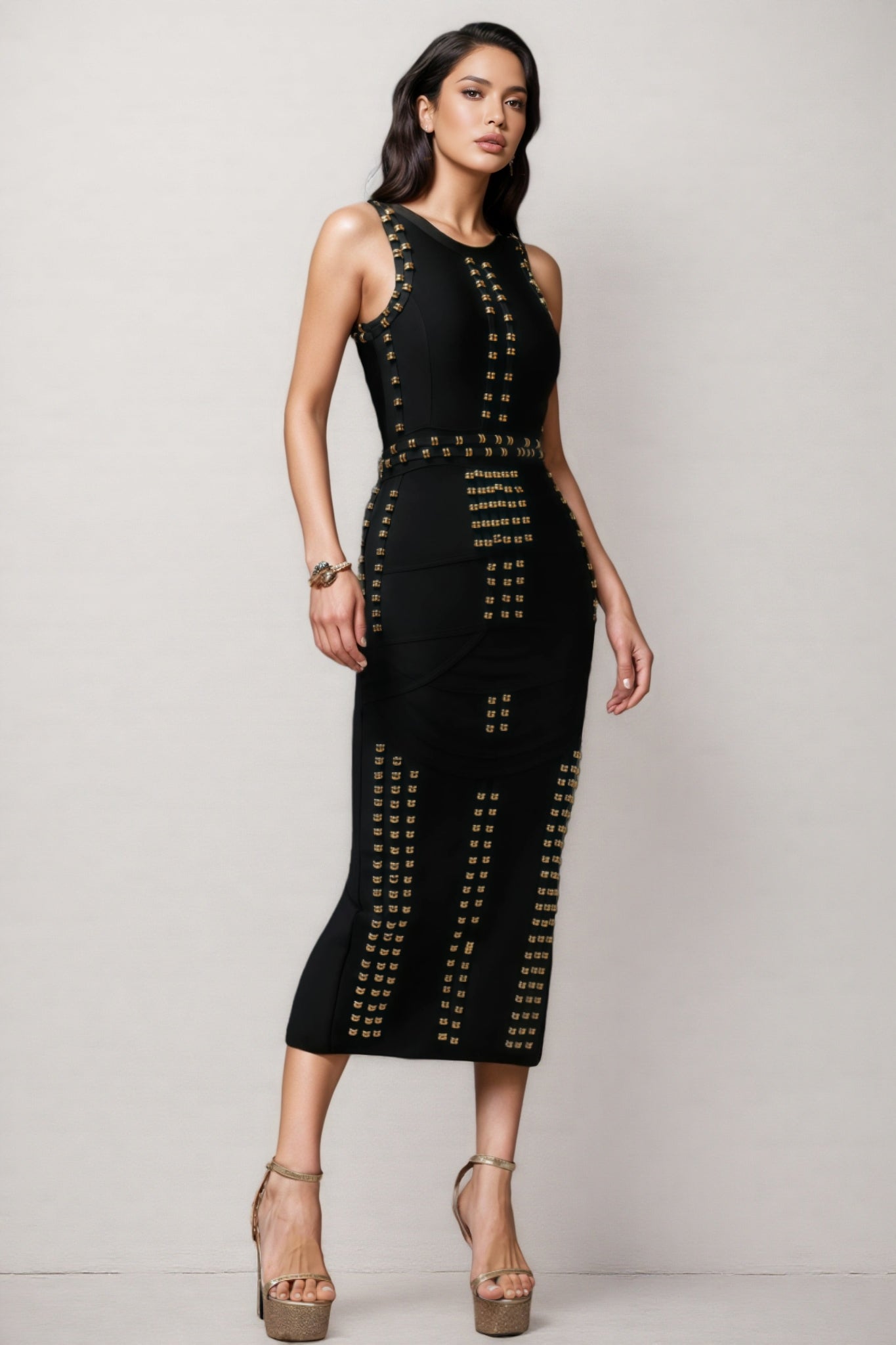 Metallic Stud Crew Neck Vertical Panel Waist Band Bandage Bodycon Midi Dress