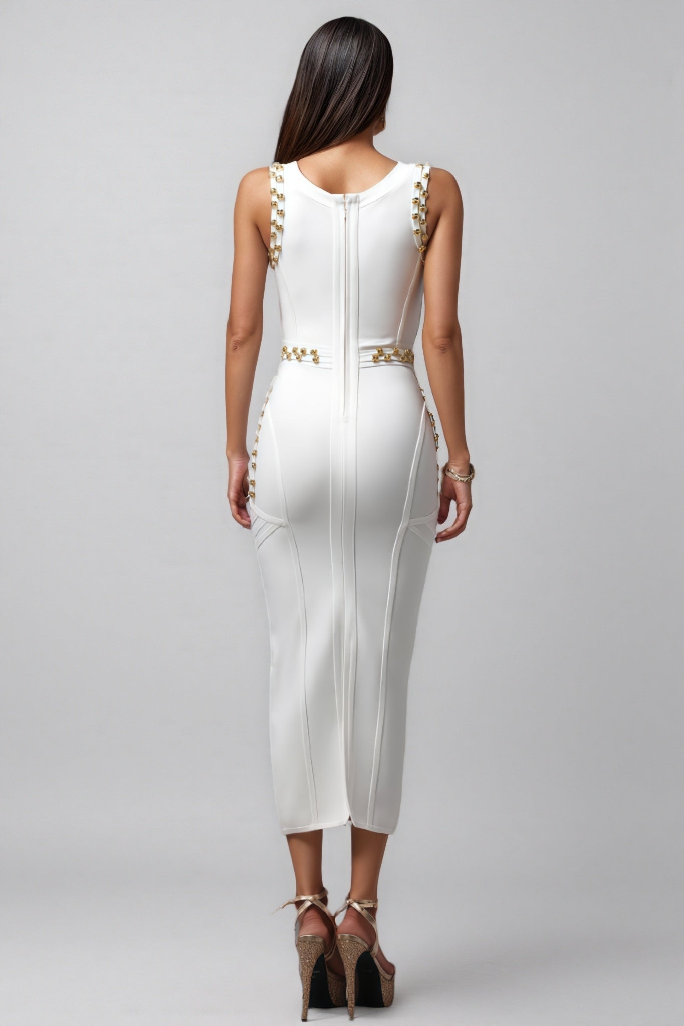 Metallic Stud Crew Neck Multi Row Waist Belt Curved Hip Bandage Bodycon Midi Dress