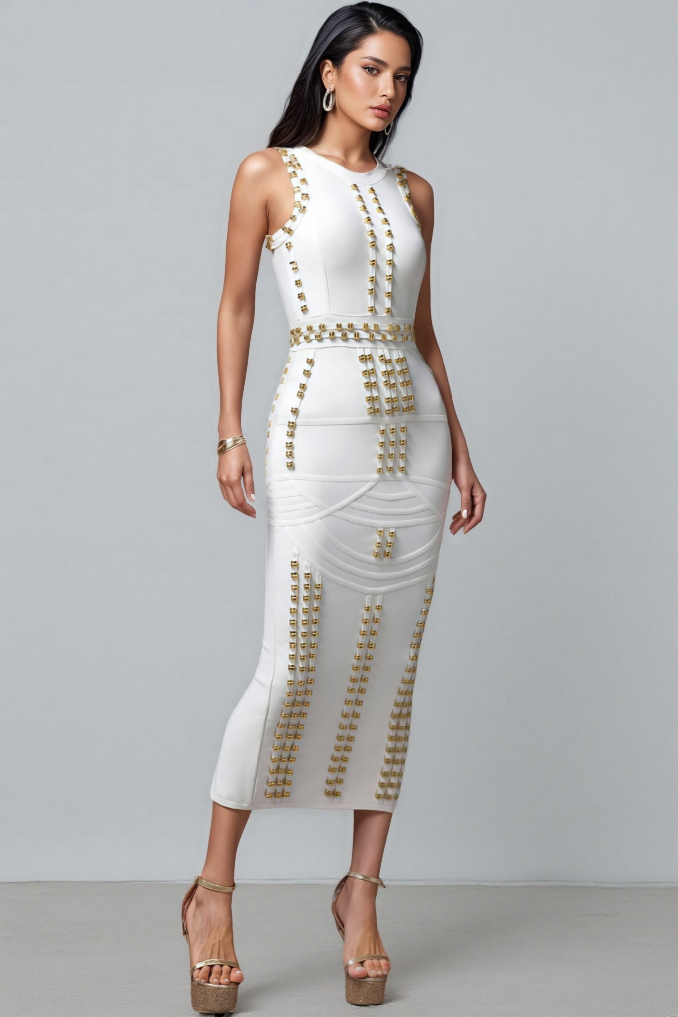 Metallic Stud Crew Neck Multi Row Waist Belt Curved Hip Bandage Bodycon Midi Dress