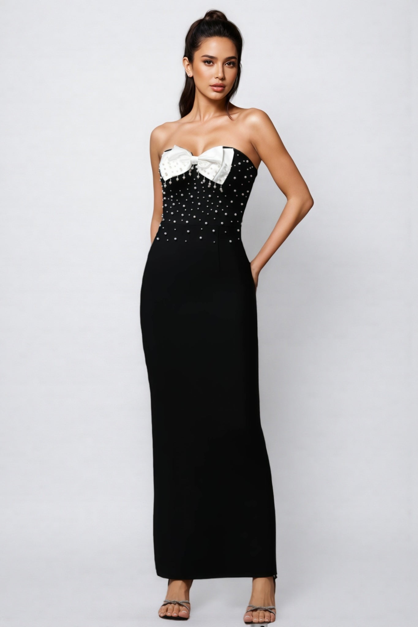 Strapless Pearl Embellished Bow Bust Bandage Maxi Gown
