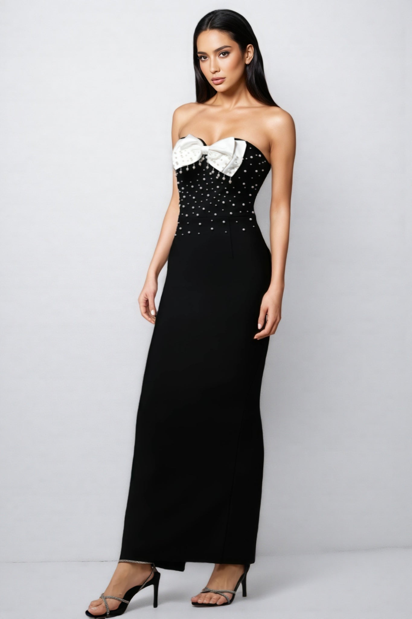 Strapless Pearl Embellished Bow Bust Bandage Maxi Gown