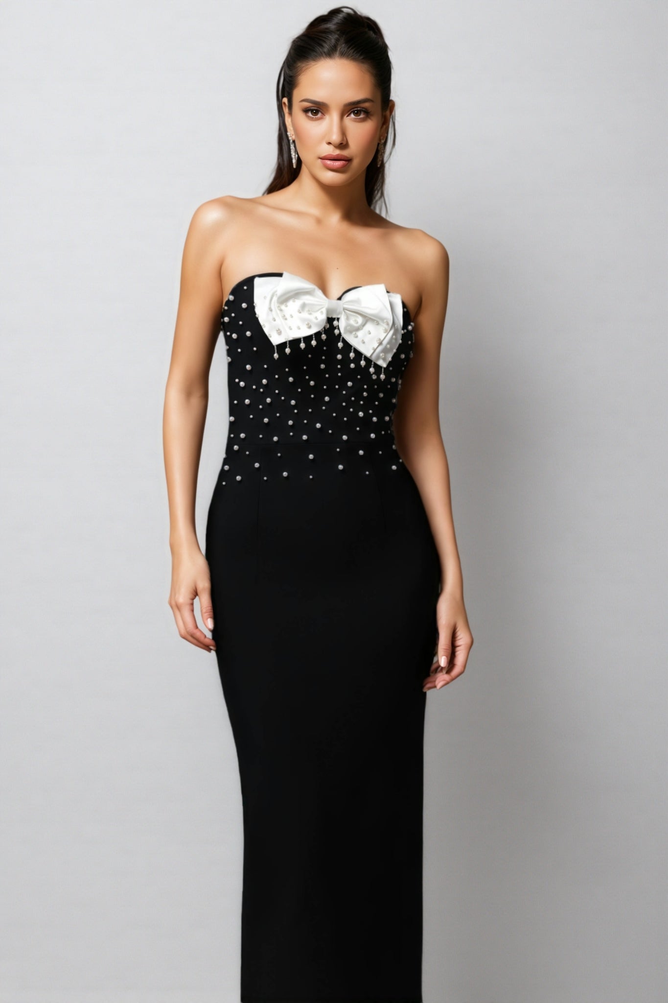 Strapless Pearl Embellished Bow Bust Bandage Maxi Gown