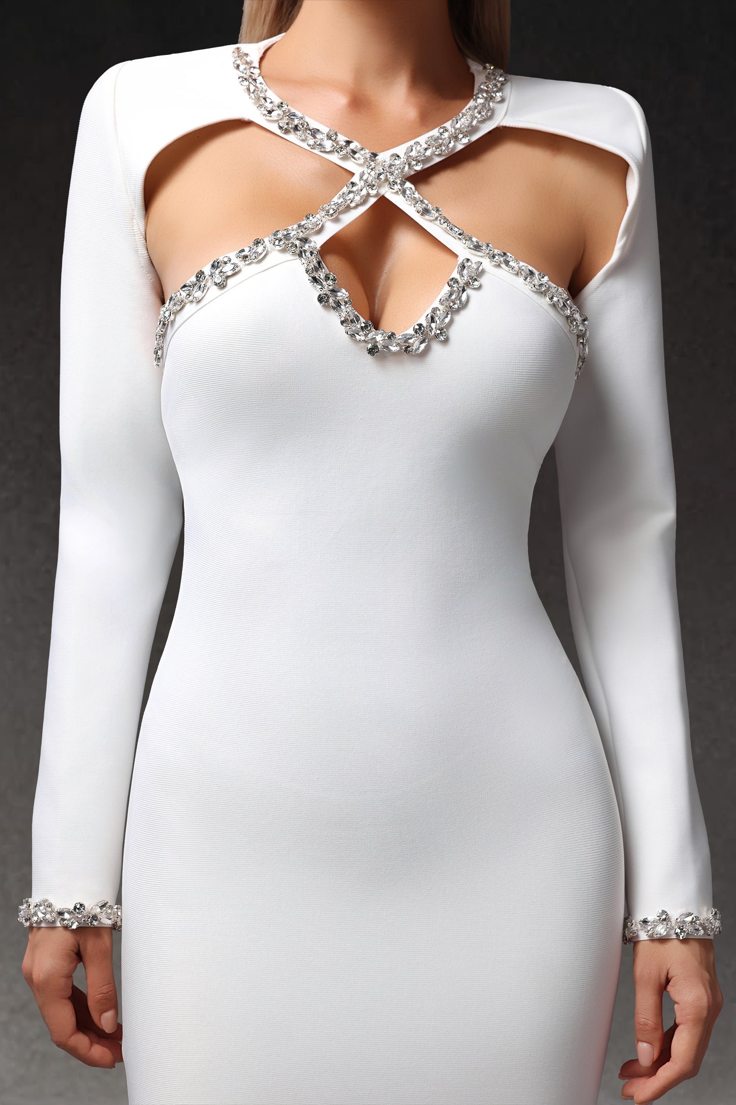 Mesh Hollow Out Diamond Long Sleeve Bodycon Mini Dress