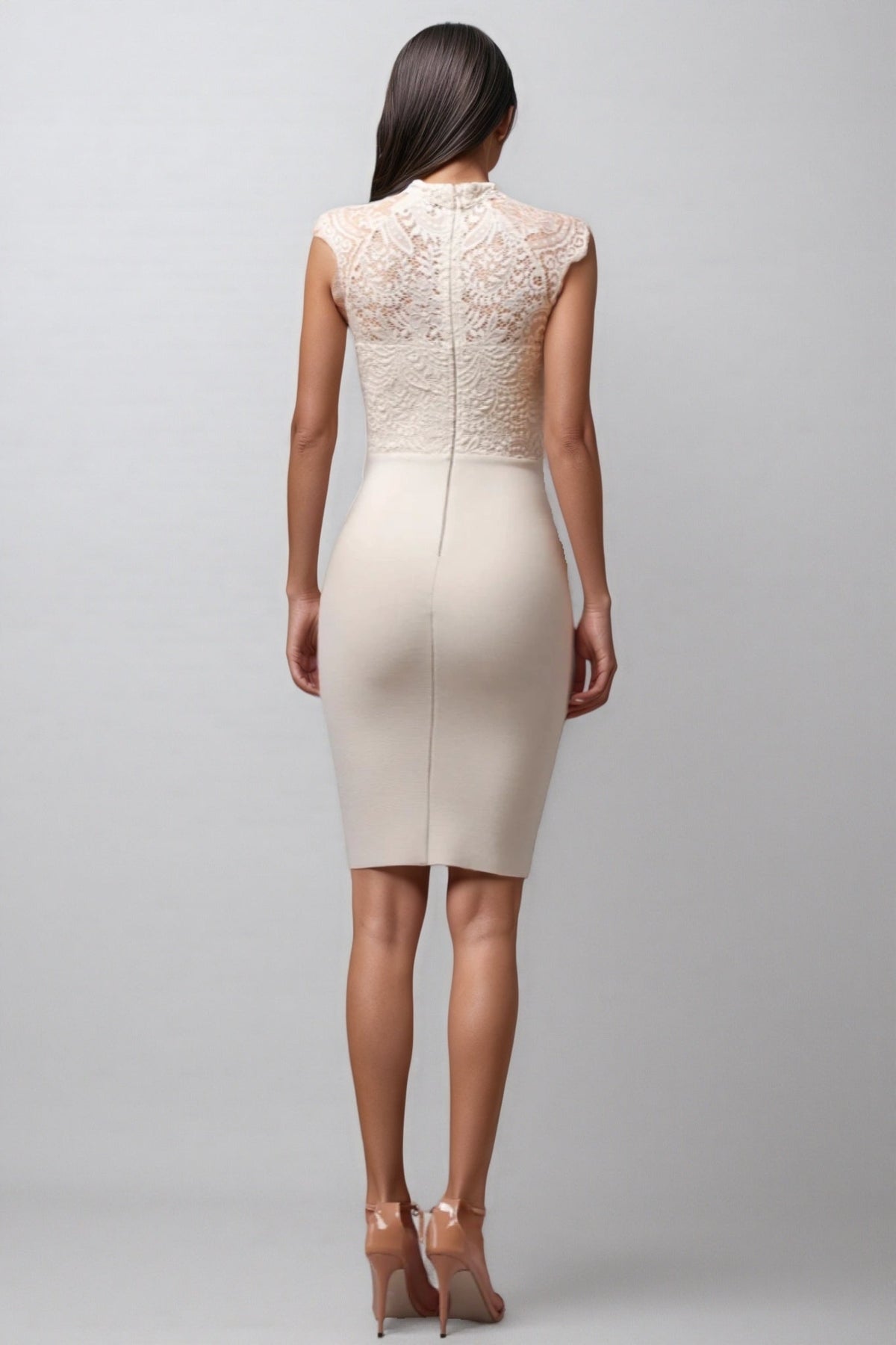Lace Mock Neck Cap Sleeve Bow Waist Bodycon Midi Dress 6
