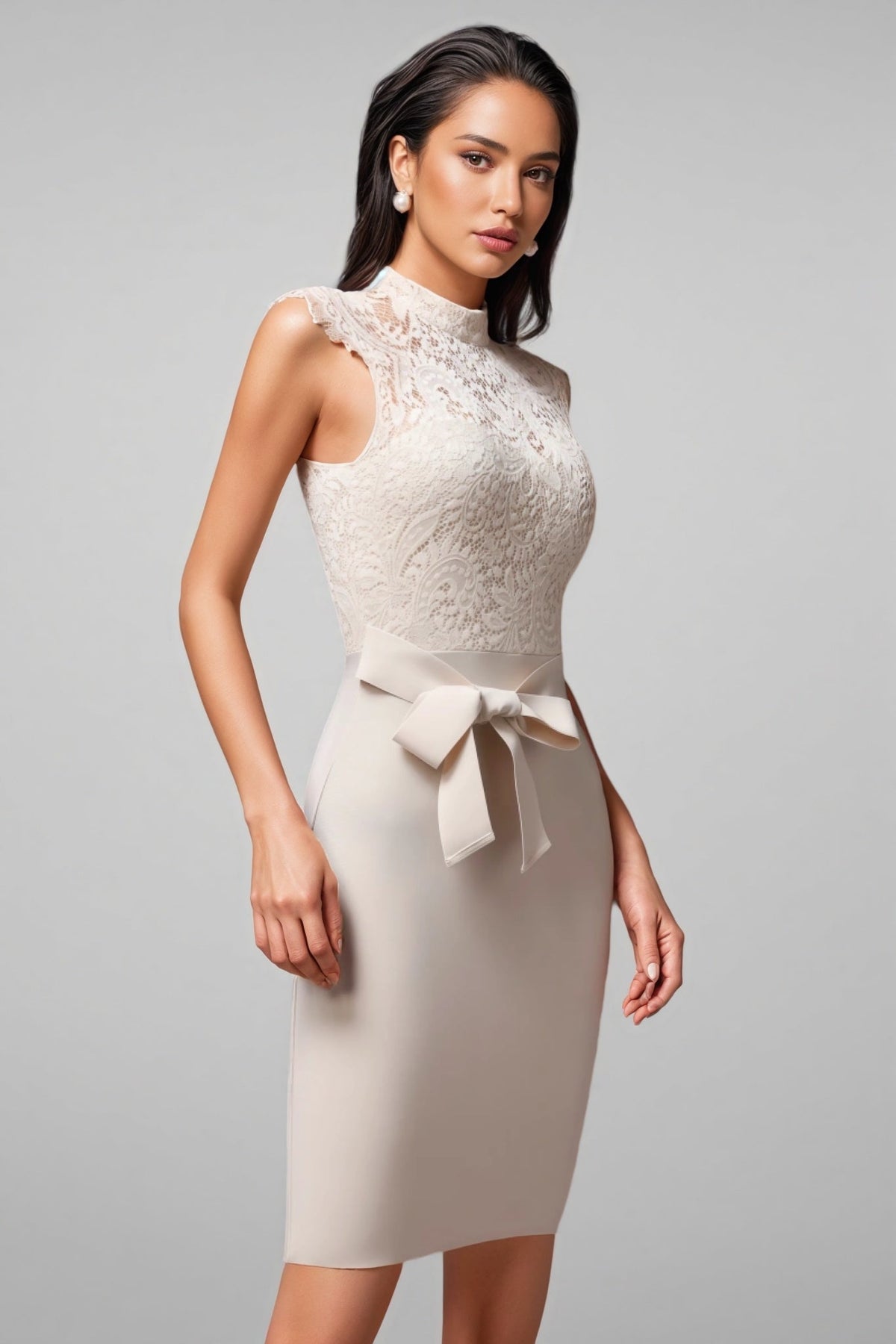 Lace Mock Neck Cap Sleeve Bow Waist Bodycon Midi Dress 4