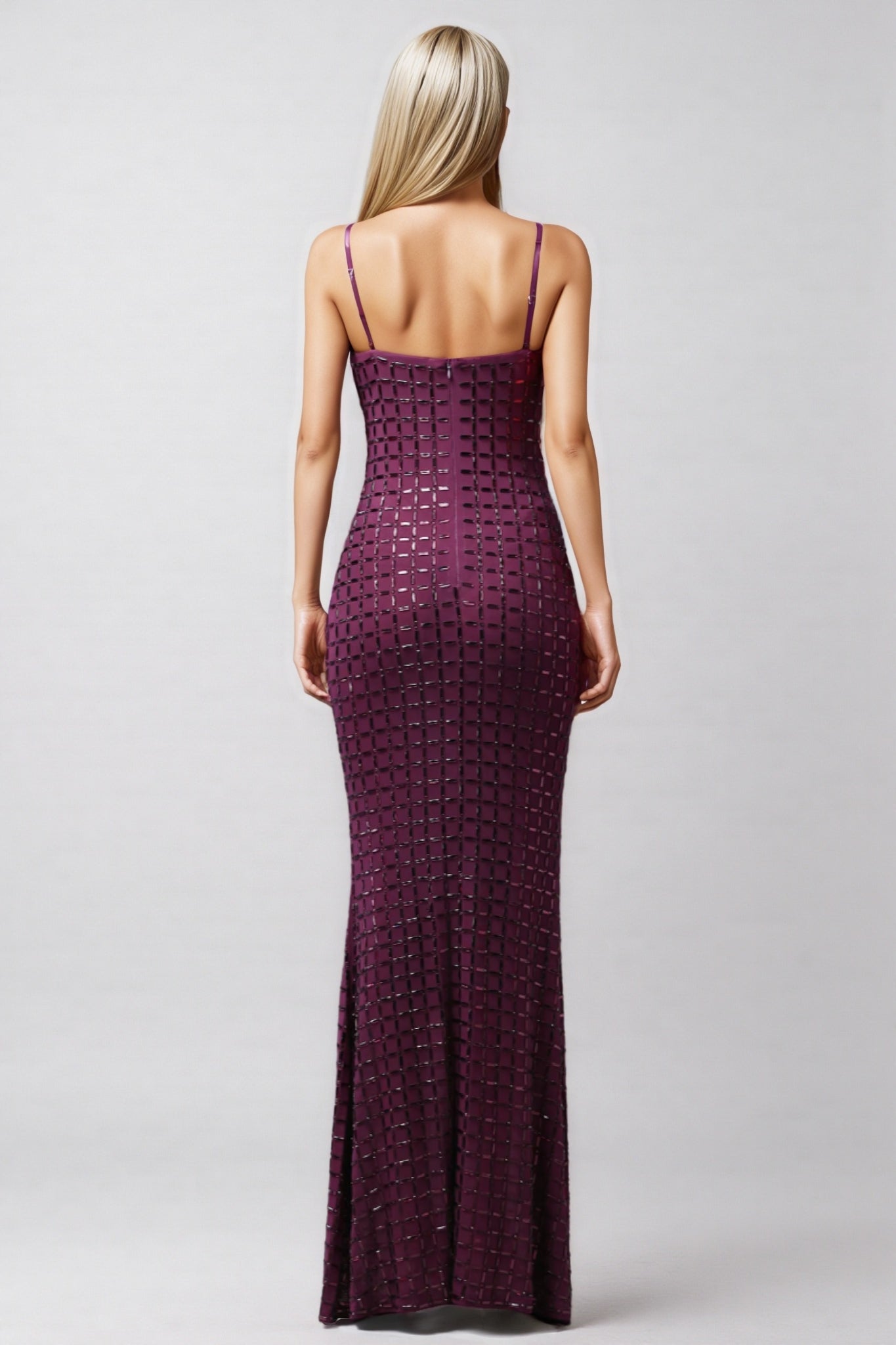 Sequin Grid Spaghetti Strap Square Neck High Split Maxi Gown
