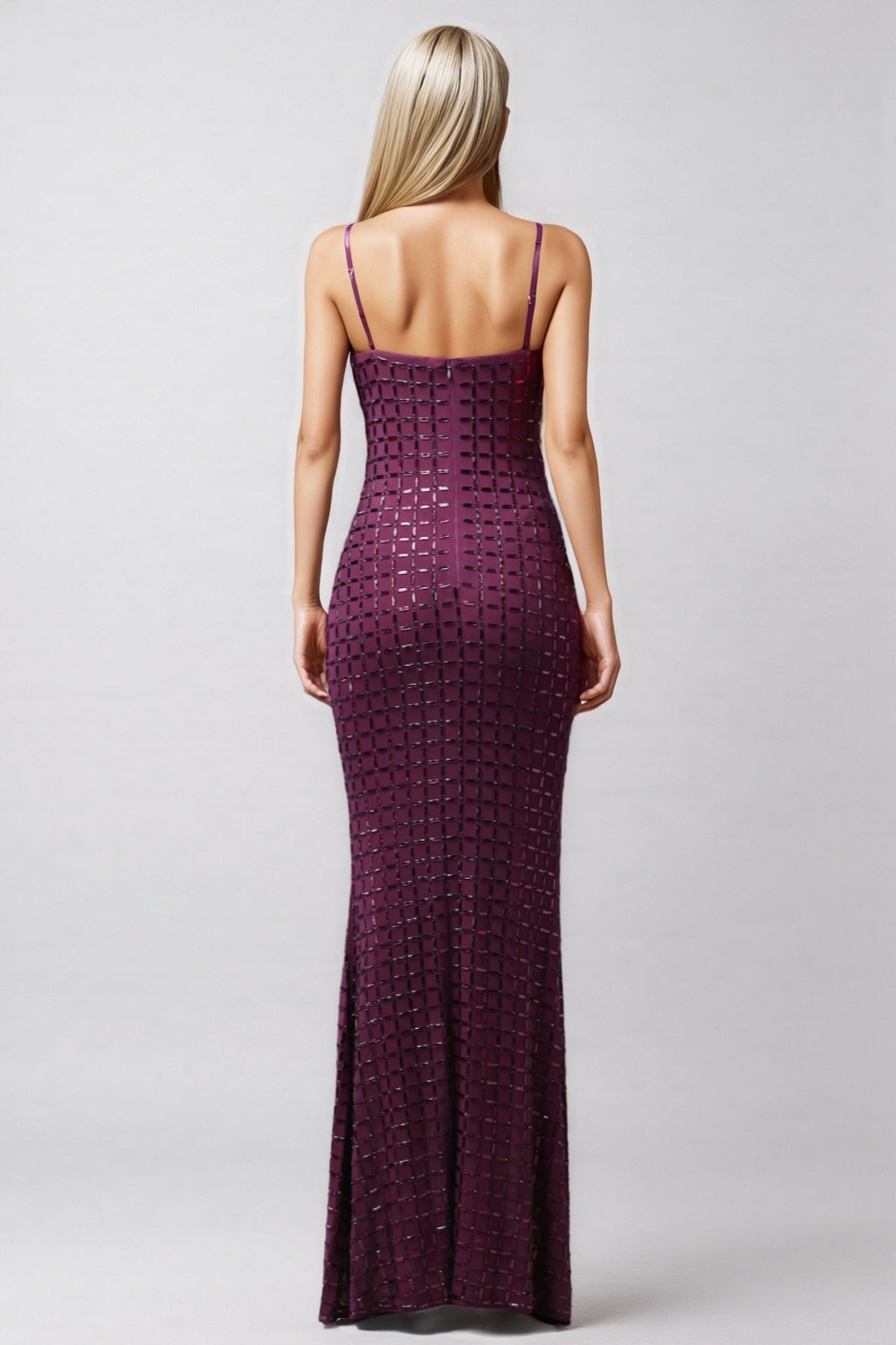 Sequin Grid Spaghetti Strap Square Neck High Split Maxi Gown - View 5