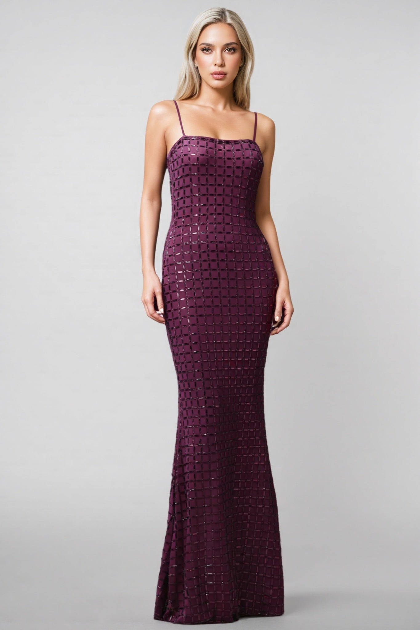 Sequin Grid Spaghetti Strap Square Neck High Split Maxi Gown