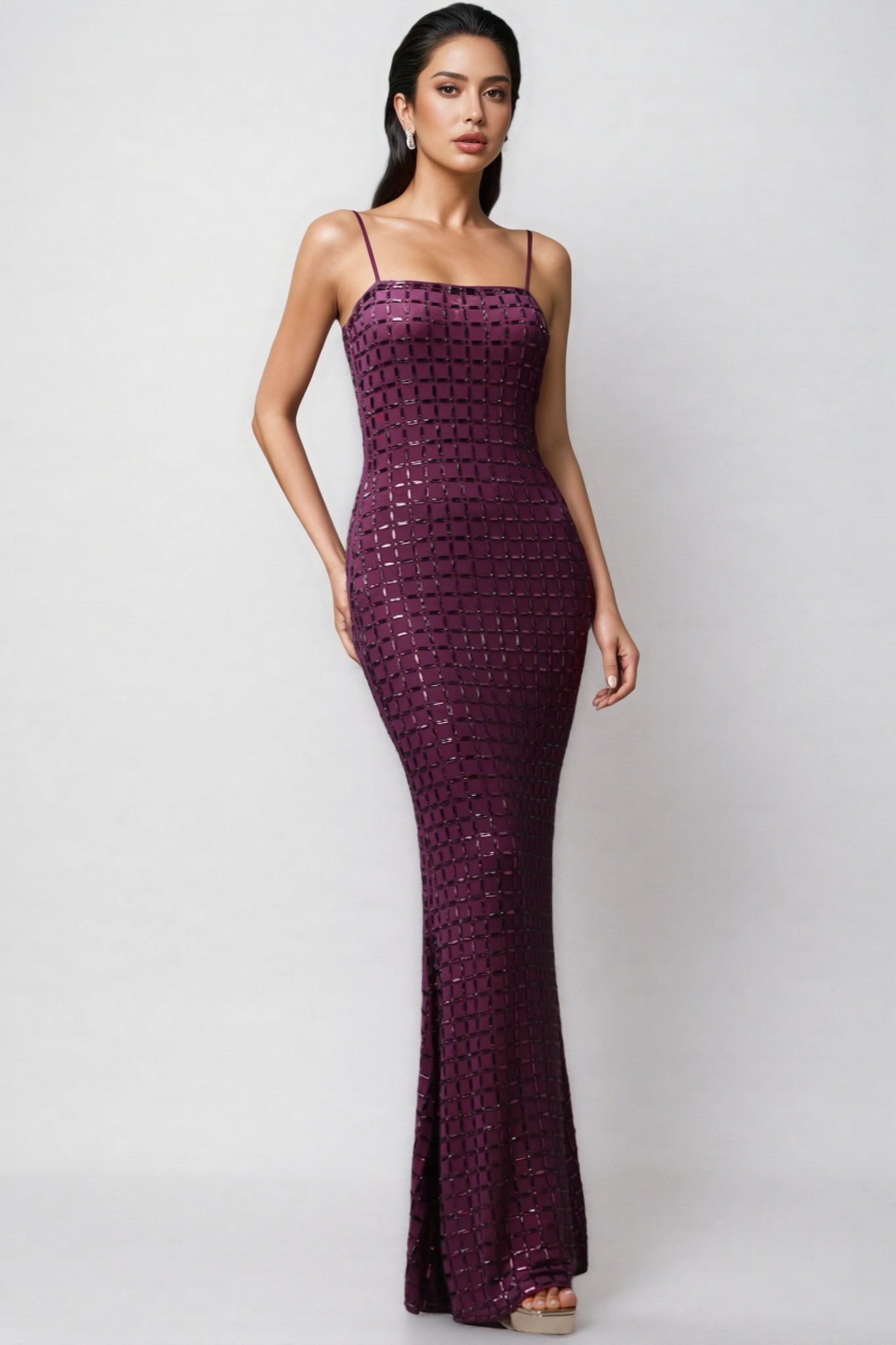 Sequin Grid Spaghetti Strap Square Neck High Split Maxi Gown