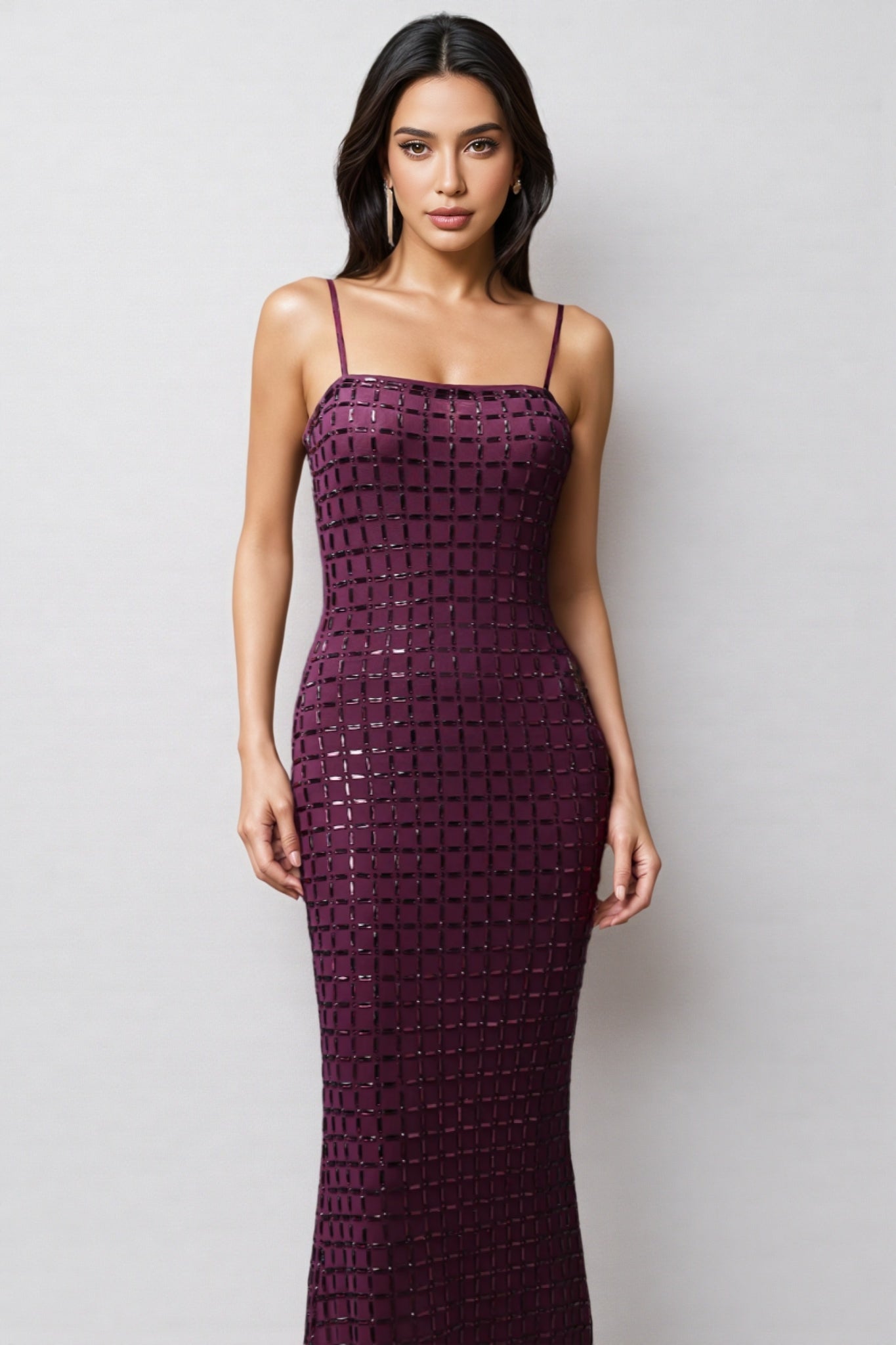 Sequin Grid Spaghetti Strap Square Neck High Split Maxi Gown