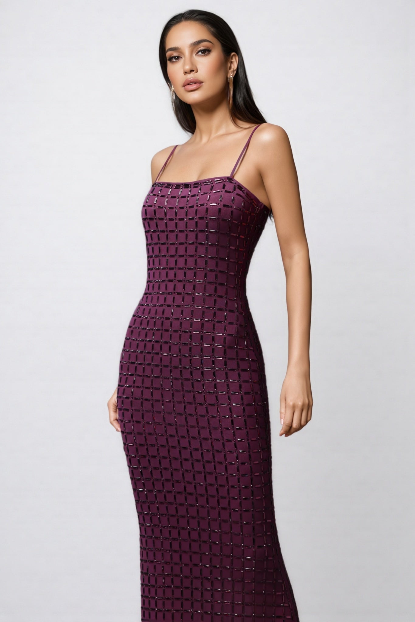 Sequin Grid Spaghetti Strap Square Neck High Split Maxi Gown