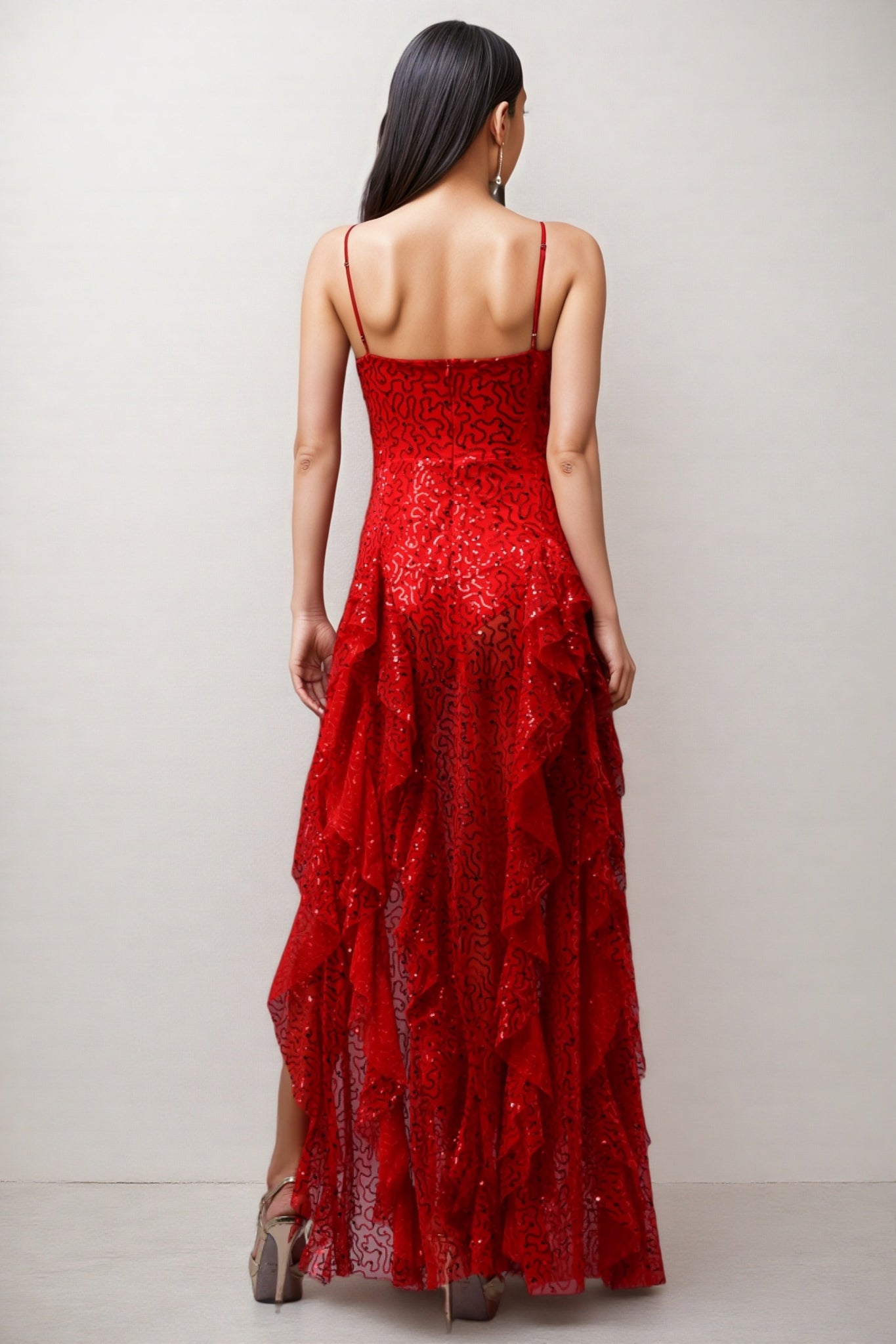 Marge Sleeveless Sequins Slit Ruffle Maxi Dress - View 5