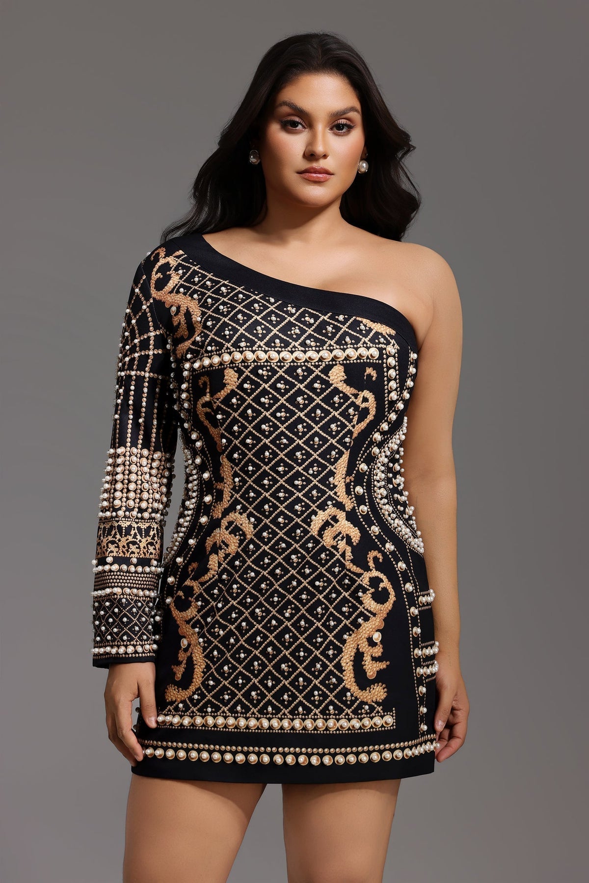 One Shoulder Long Sleeve Faux Pearl Embroidered Bodycon Mini Dress