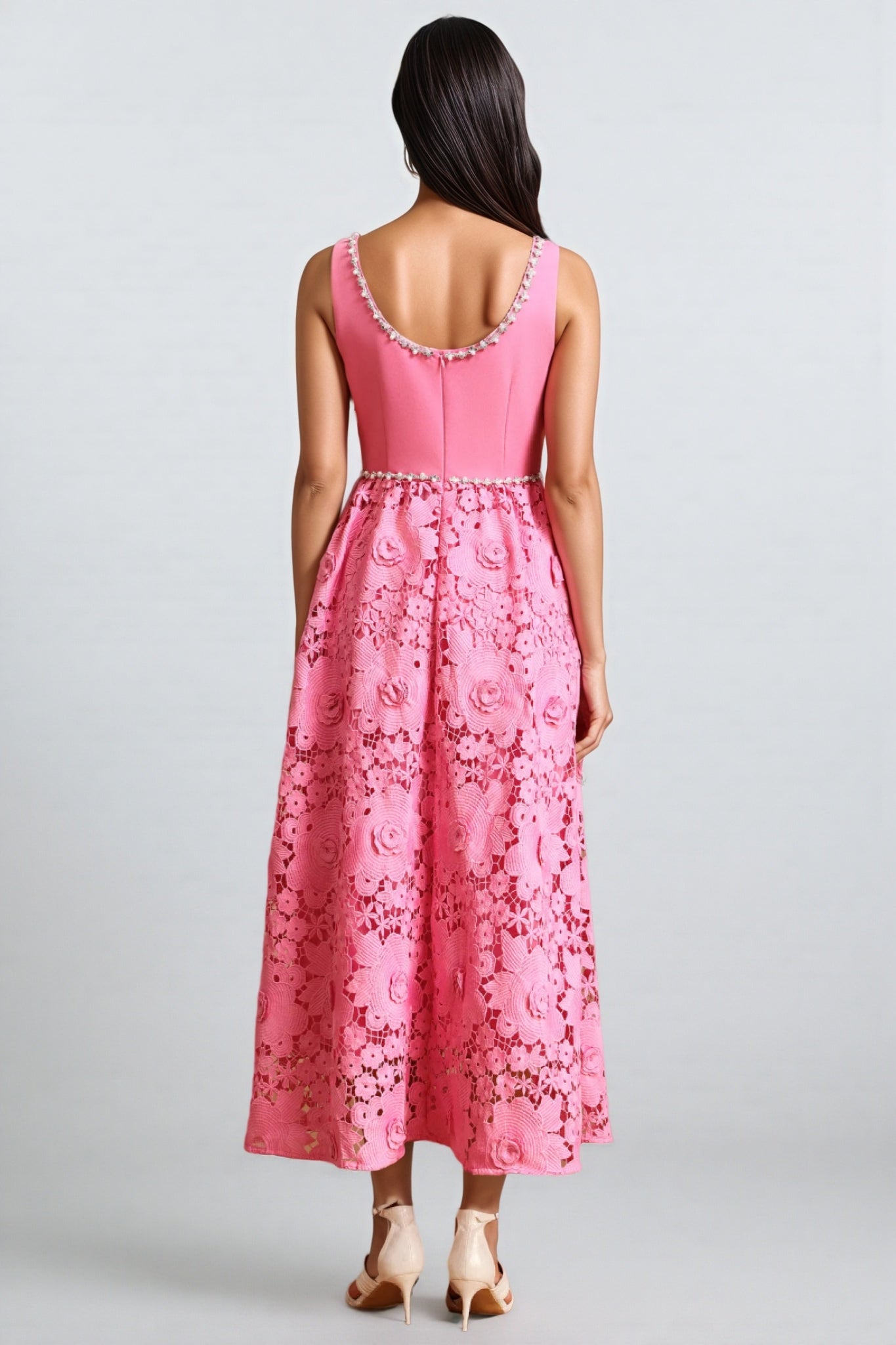 Okama Square Collar Diamond Lace Maxi Dress - View 3