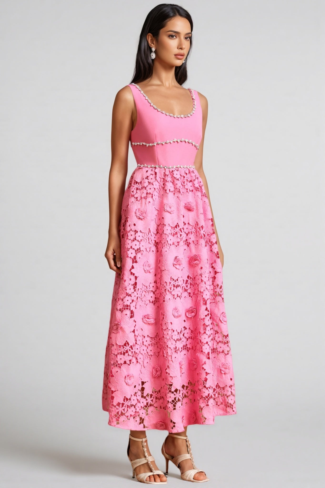 Okama Square Collar Diamond Lace Maxi Dress - View 2