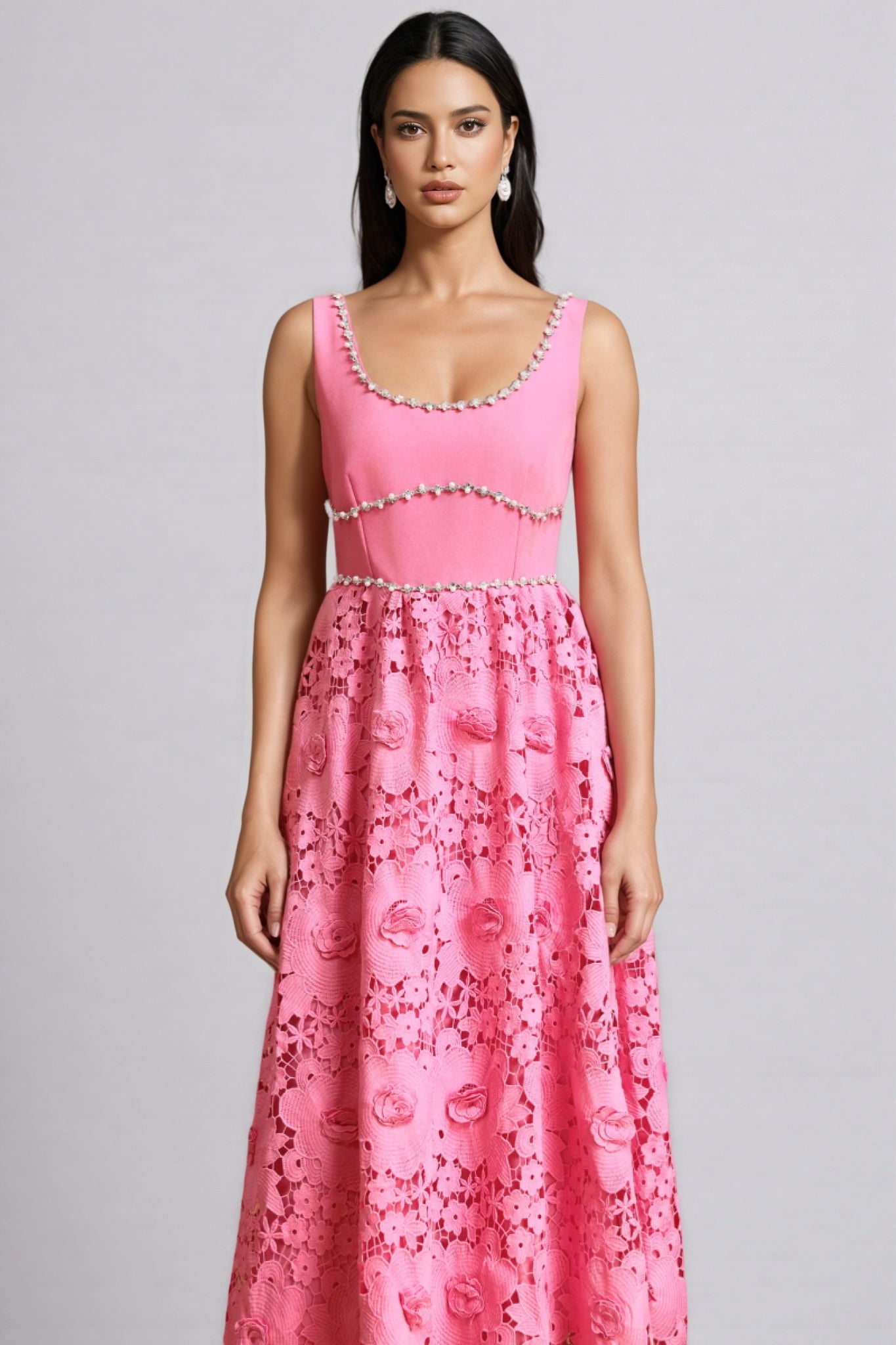 Okama Square Collar Diamond Lace Maxi Dress - View 4