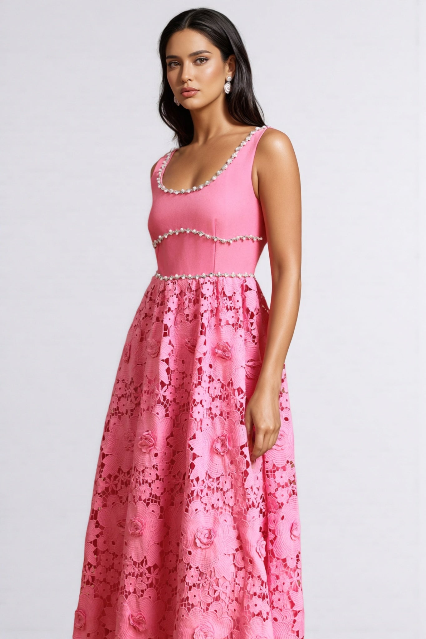 Okama Square Collar Diamond Lace Maxi Dress - View 5