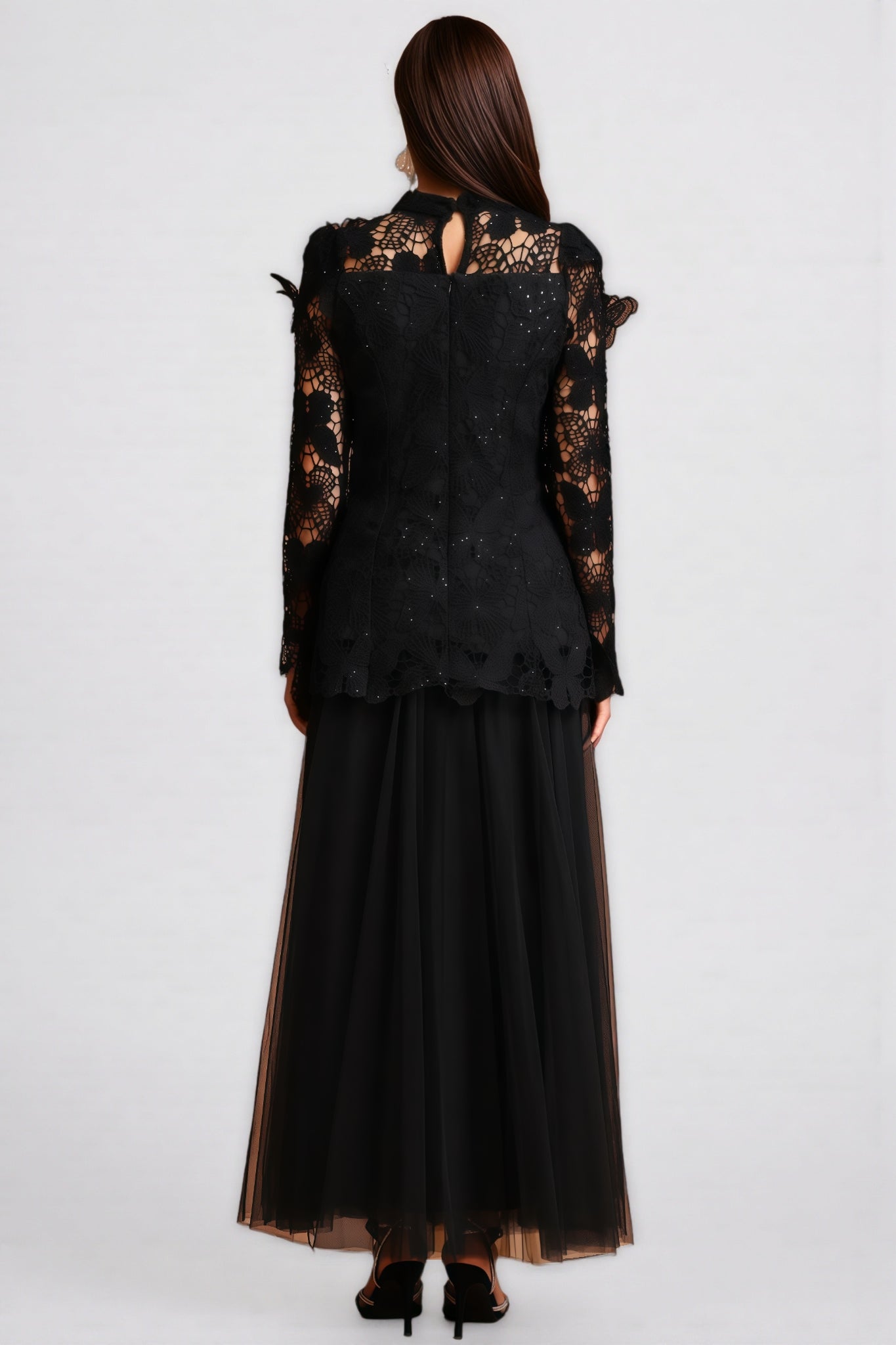 Gaki Long Sleeve Folds Lace Butterfly Maxi Dress Set - View 4