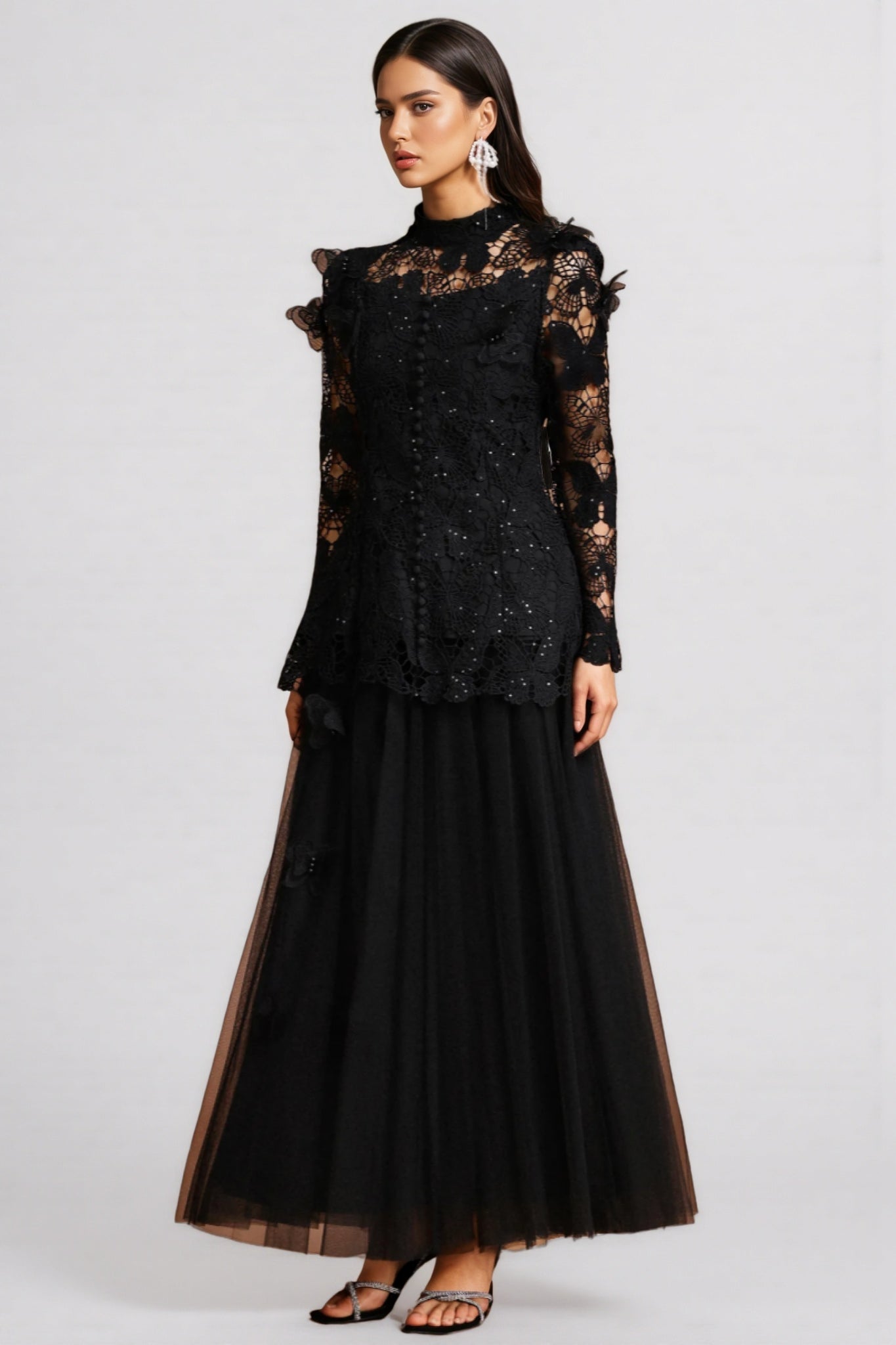 Gaki Long Sleeve Folds Lace Butterfly Maxi Dress Set - View 2