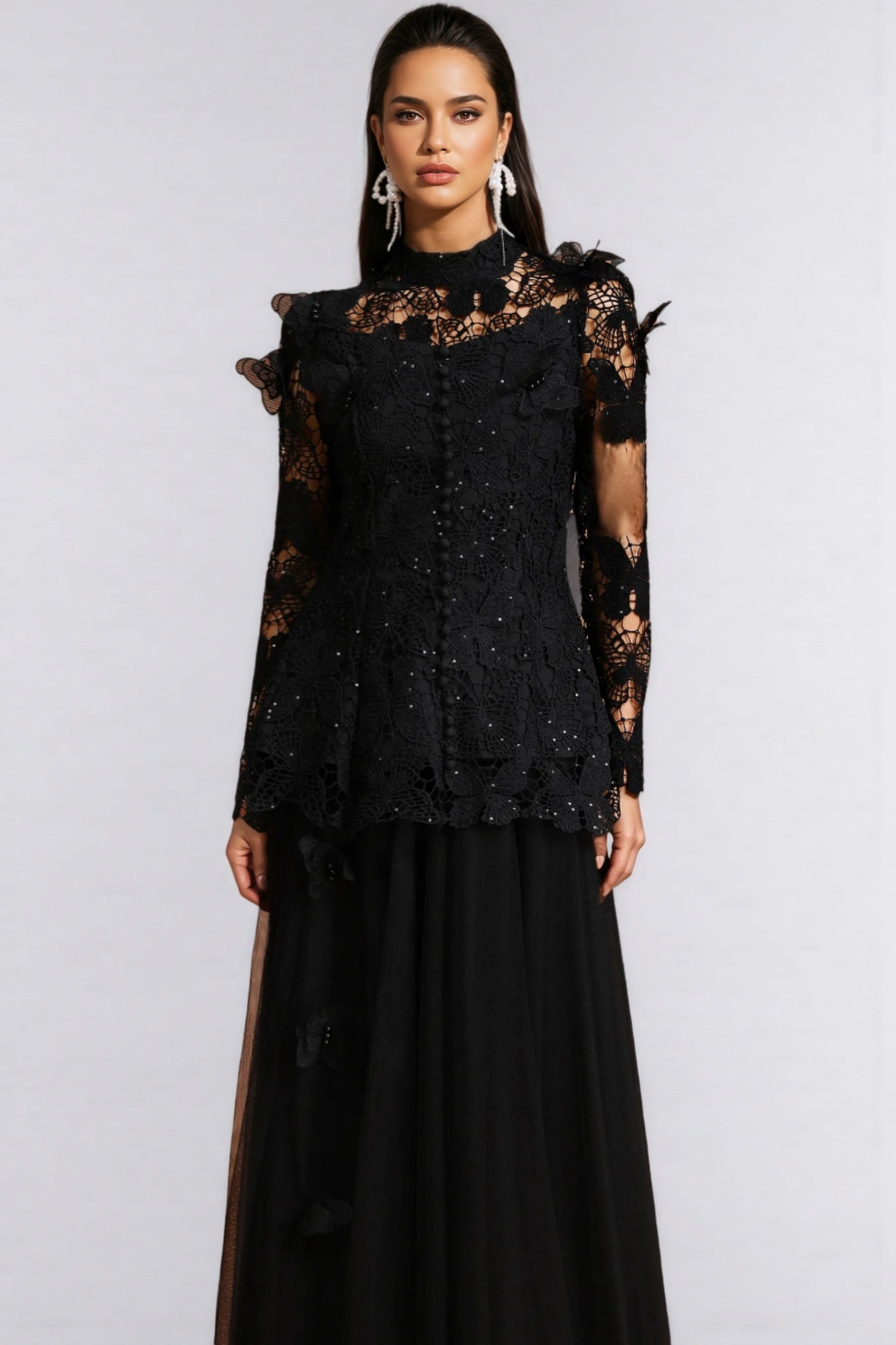 Gaki Long Sleeve Folds Lace Butterfly Maxi Dress Set - View 5