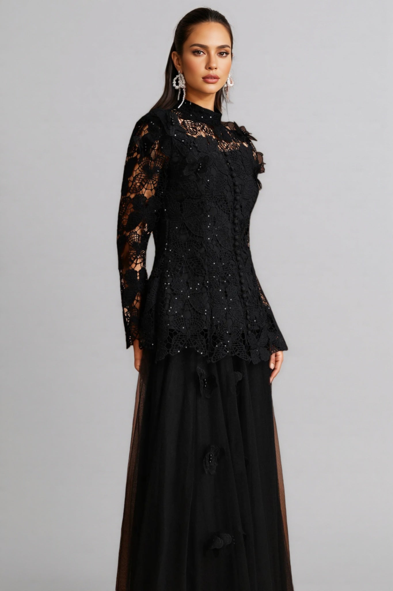 Gaki Long Sleeve Folds Lace Butterfly Maxi Dress Set - View 3