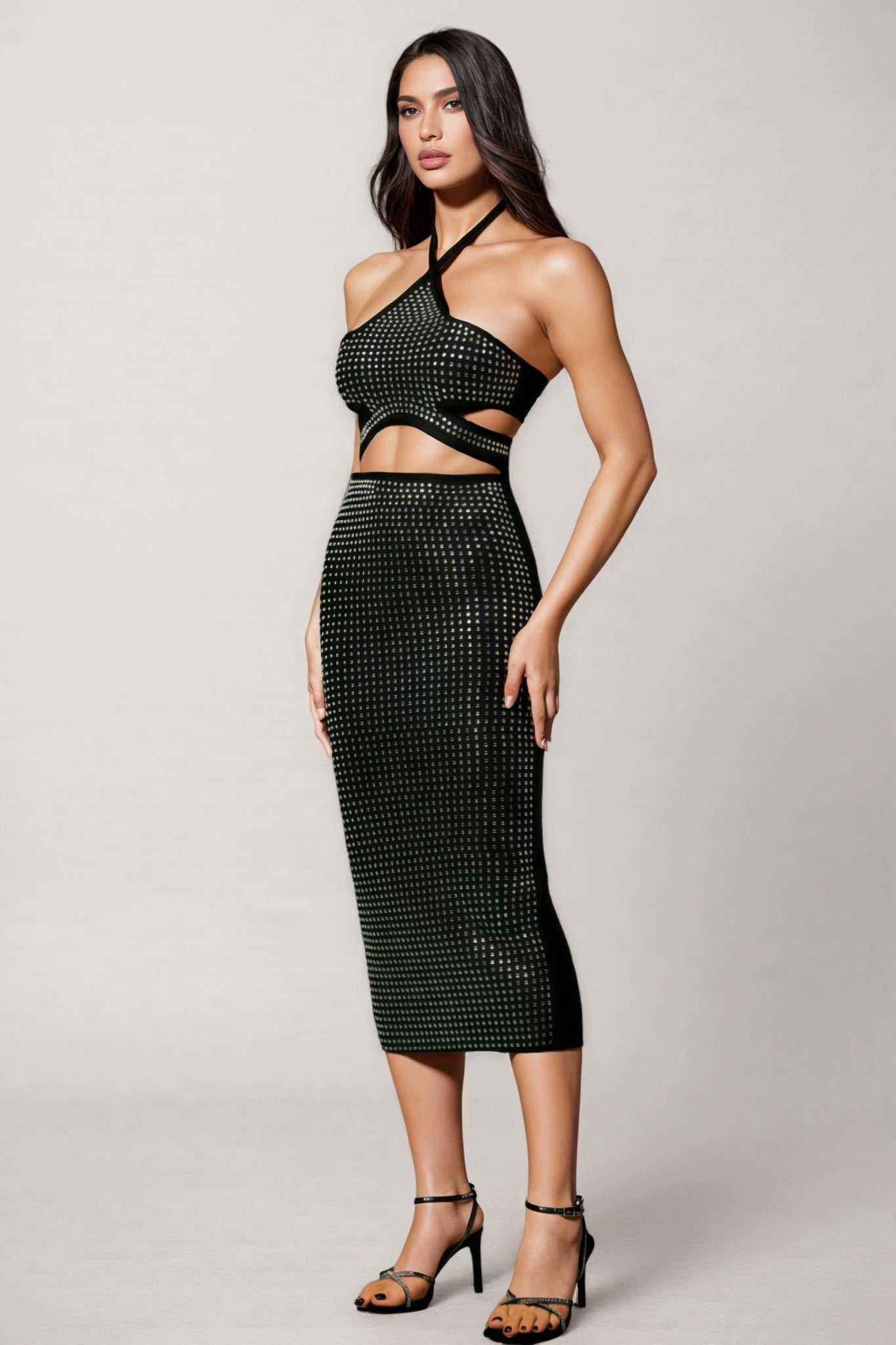 Studded Halter Cut Out Bodycon Bandage Midi Dress