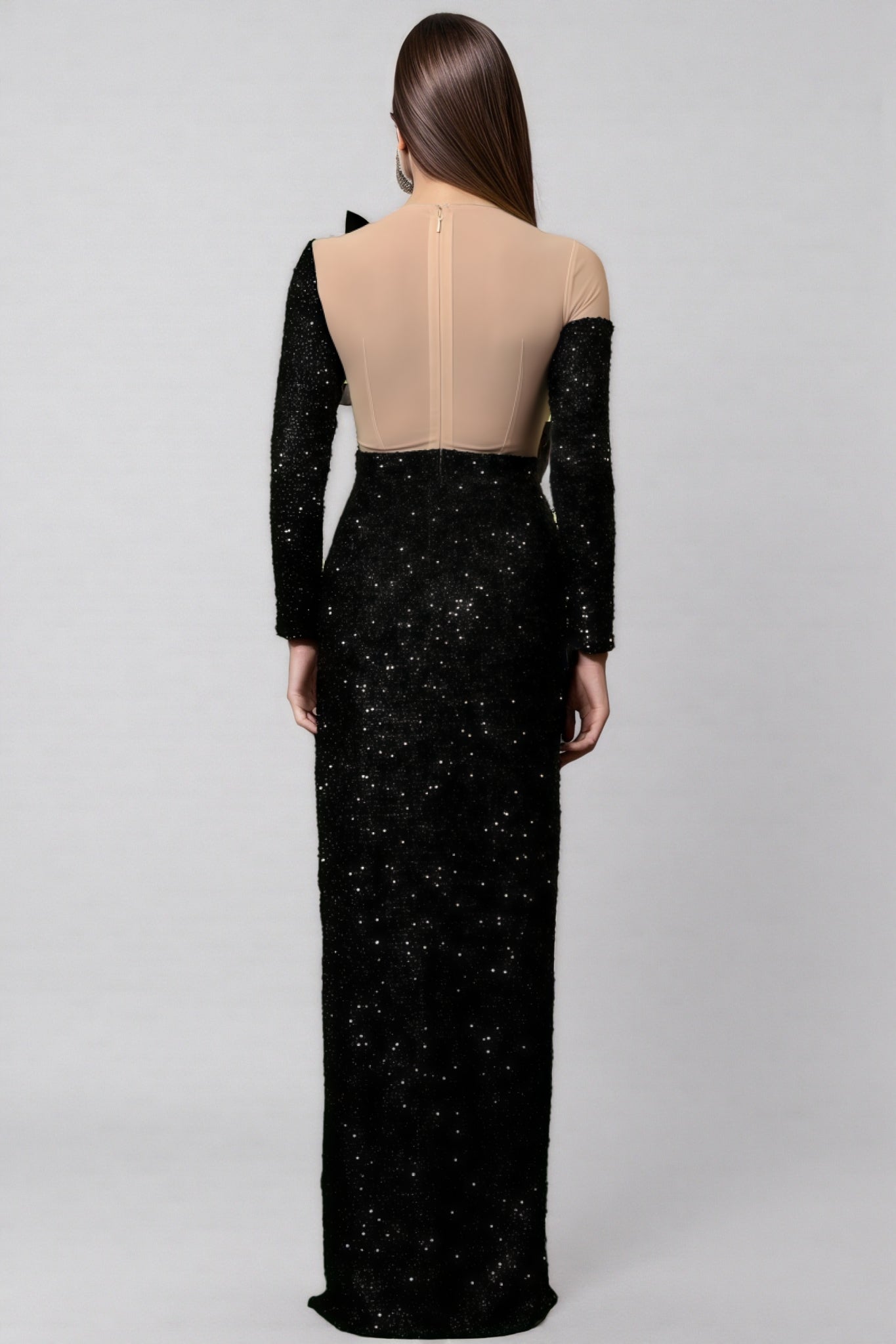 Sequin One Shoulder Long Sleeve Rosette Cut Out High Split Maxi Gown