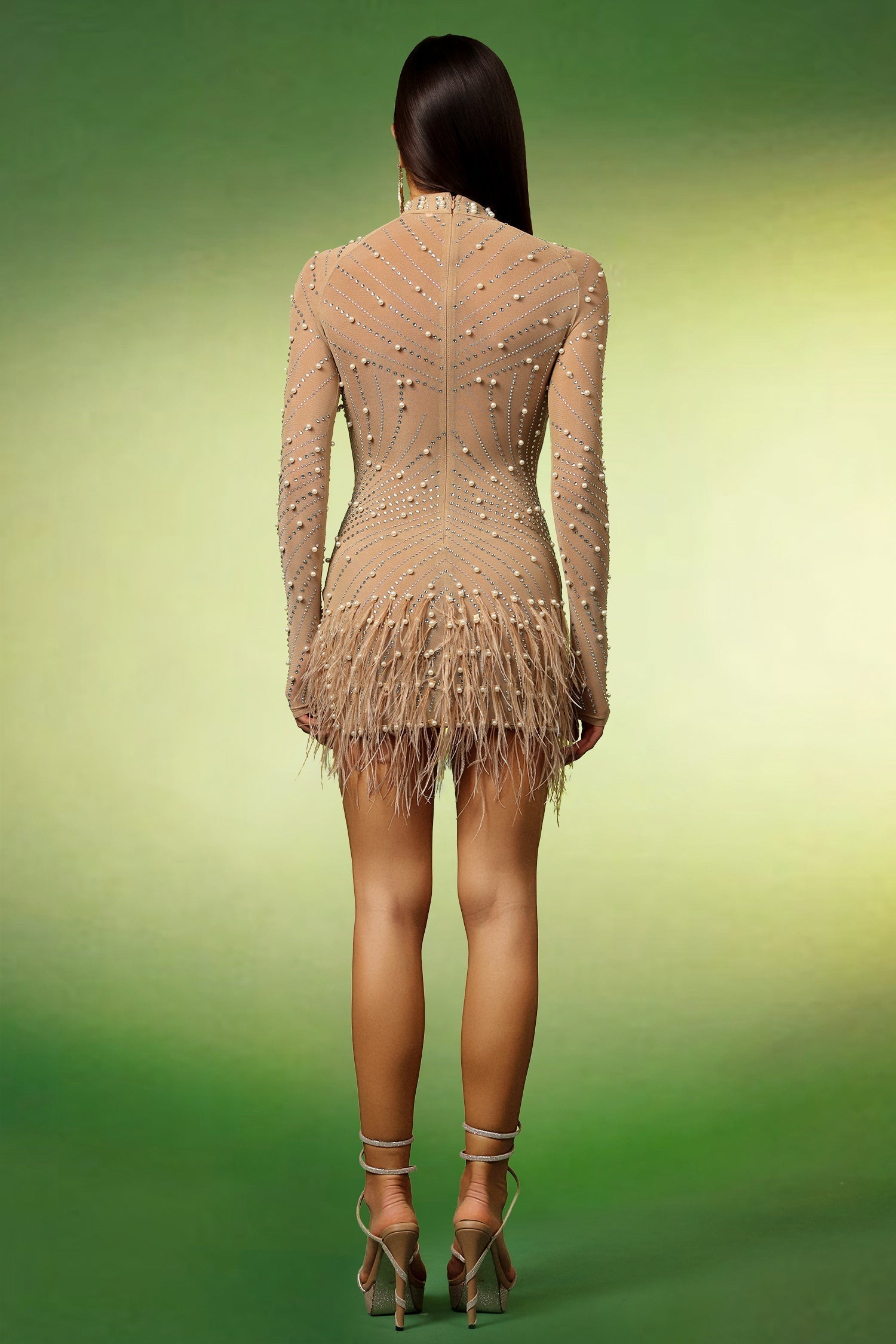 Long Sleeve Mock Neck Pearl Rhinestone Feather Fringe Mesh Mini Dress