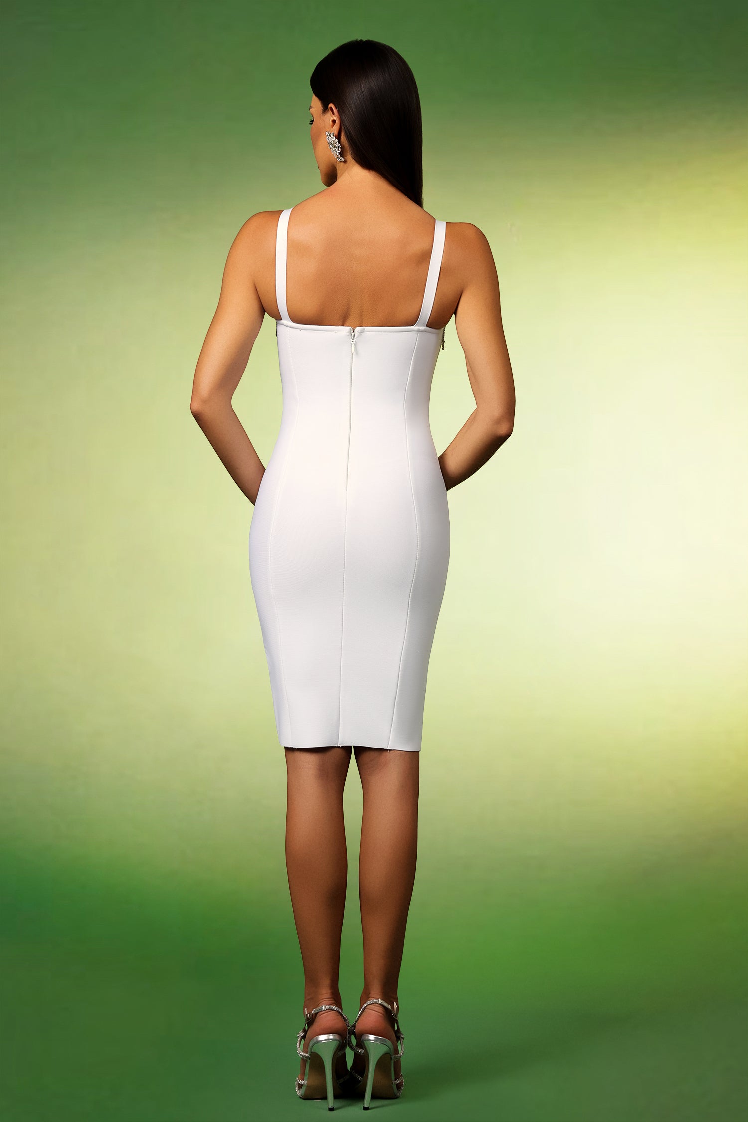 Sweetheart Rhinestone Fringe Bandage Midi Dress