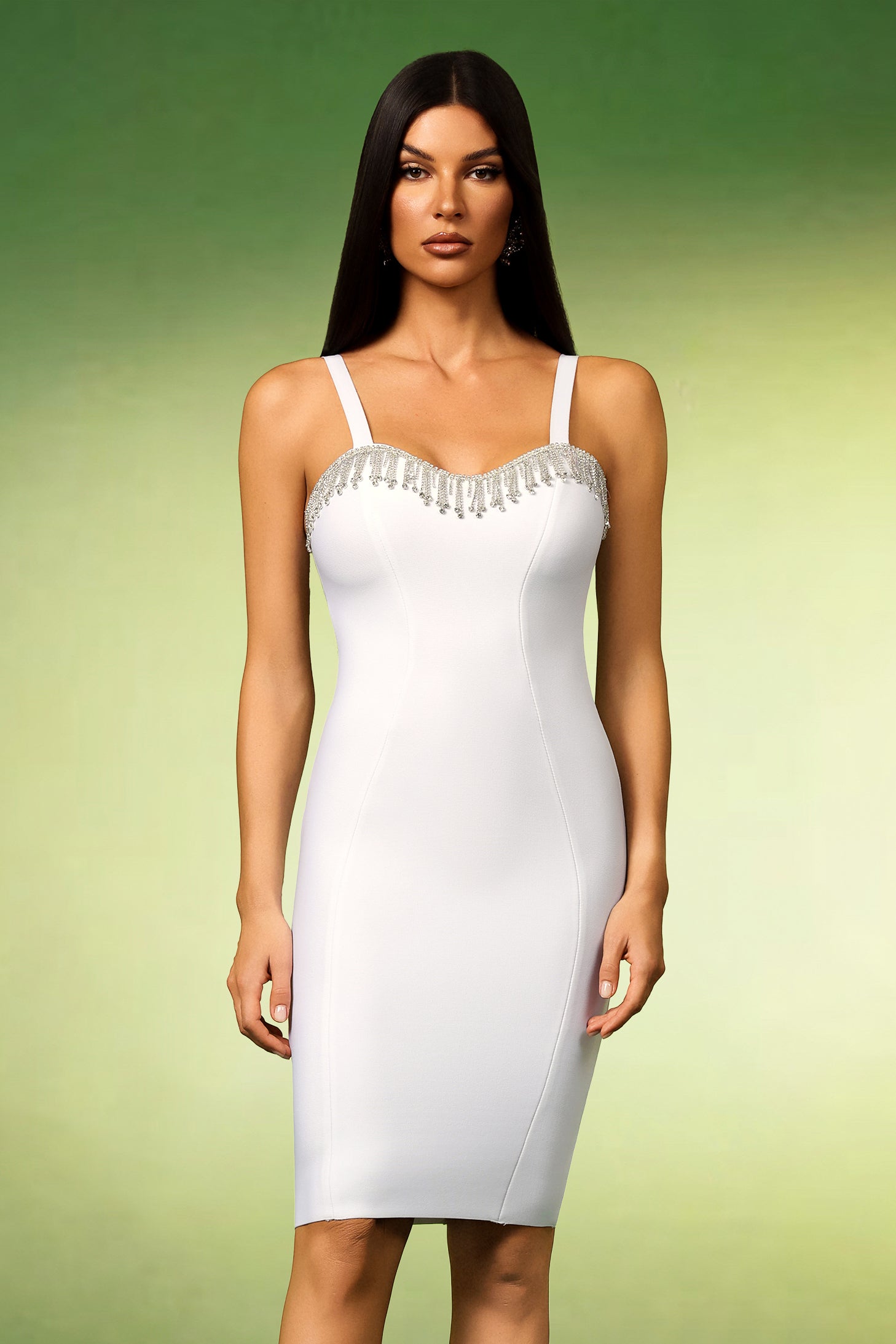 Sweetheart Rhinestone Fringe Bandage Midi Dress