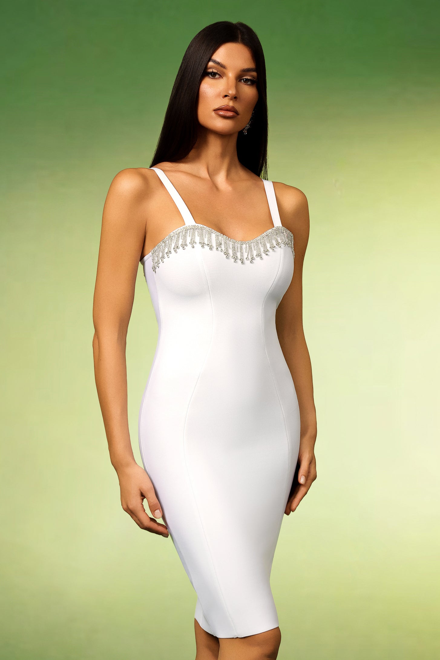 Sweetheart Rhinestone Fringe Bandage Midi Dress