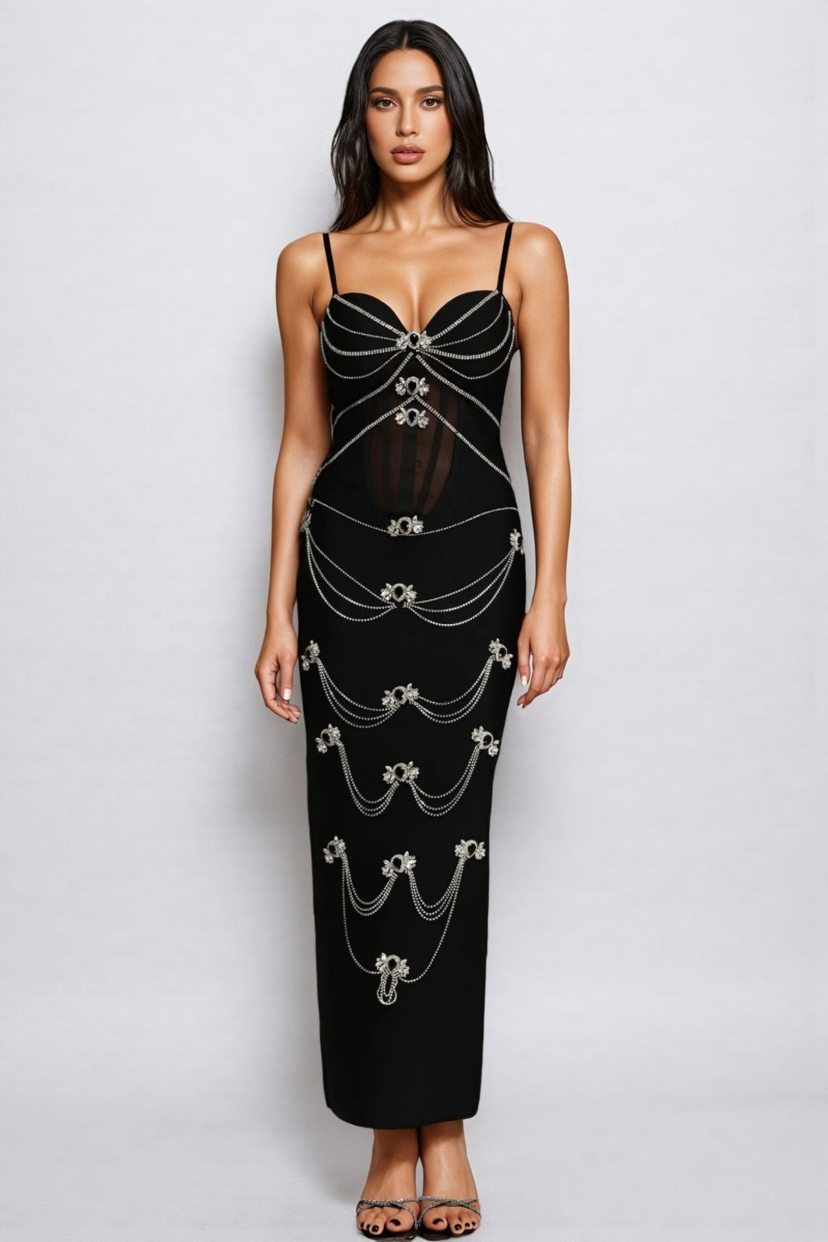 Draped Chain Embellished Mesh Panel Bandage Maxi Dress