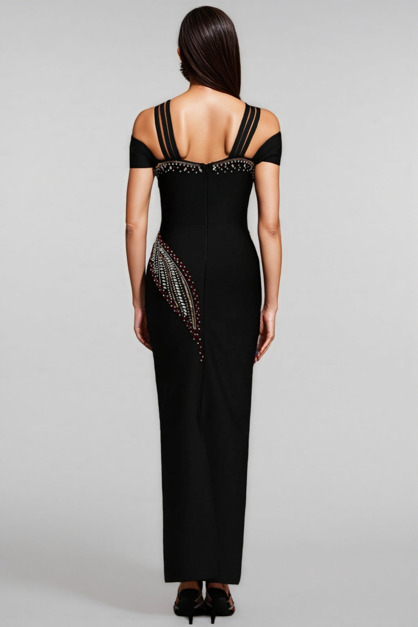 Bandage Off Shoulder Criss Cross Strap Rhinestone Trim Maxi Dress
