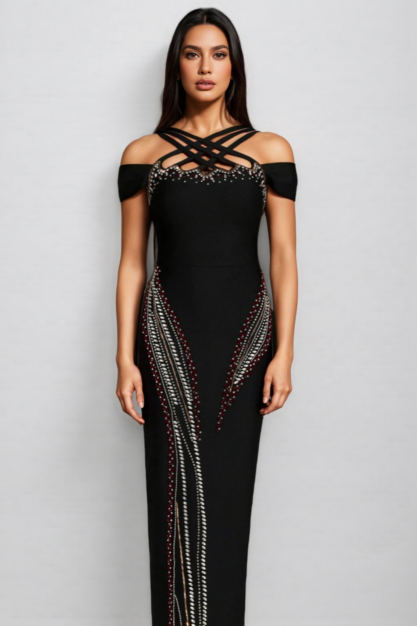 Bandage Off Shoulder Criss Cross Strap Rhinestone Trim Maxi Dress