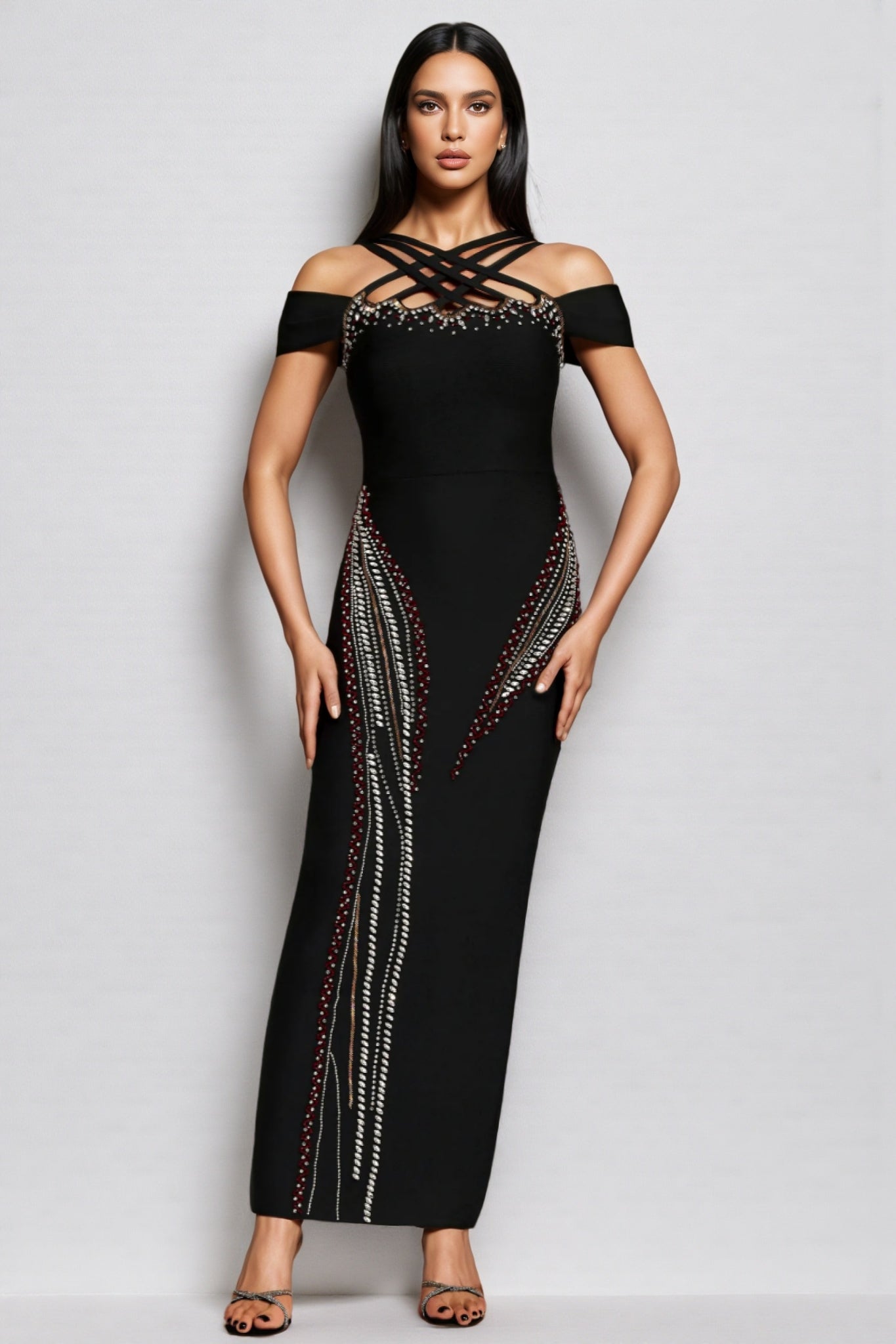 off shoulder criss cross long dress Bandage Strap Rhinestone Trim Maxi Duration:Overnight Vineyard Wedding Guest Dress designed to present you BRED TILGÆNGELIG