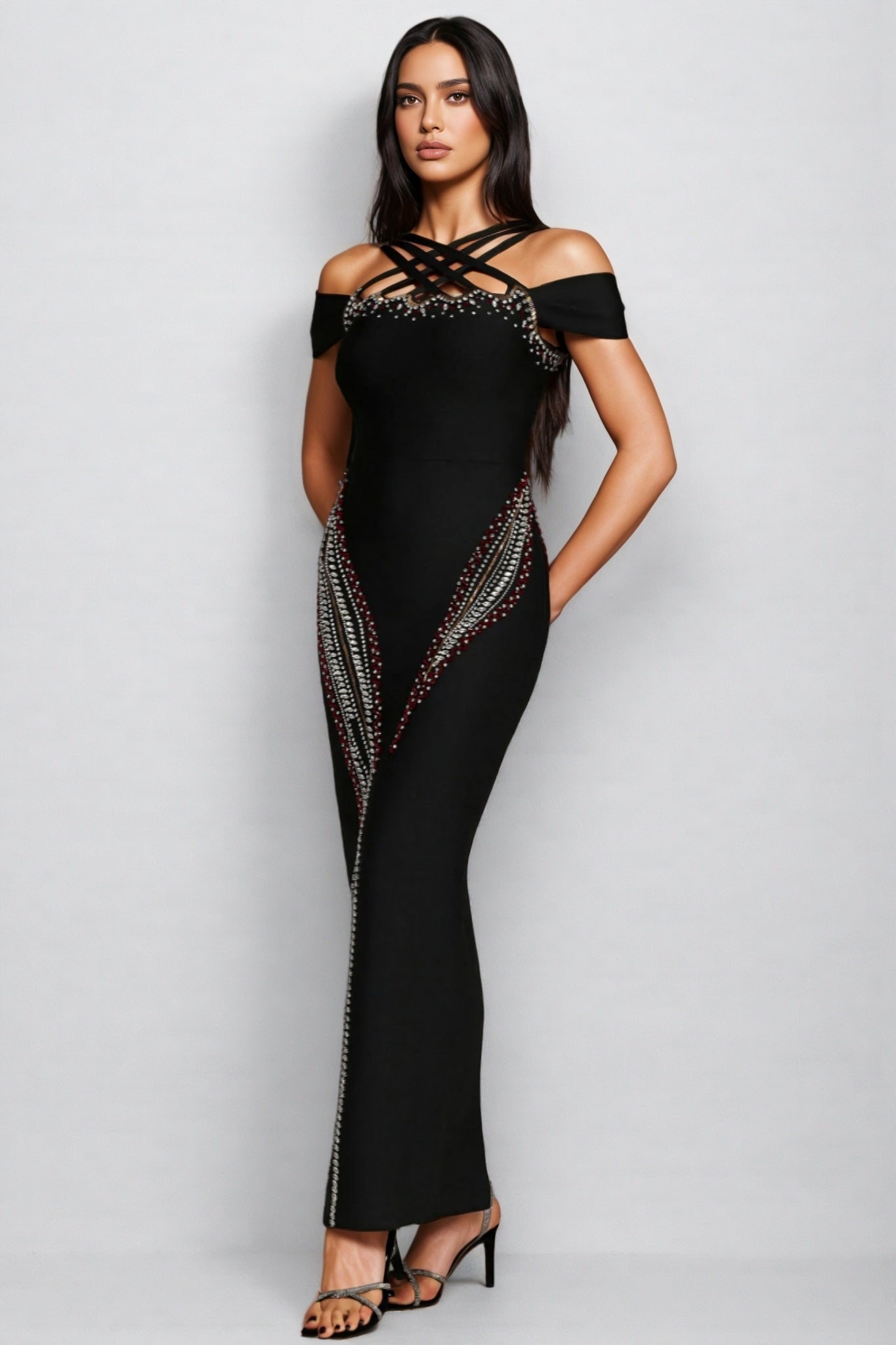 Bandage Off Shoulder Criss Cross Strap Rhinestone Trim Maxi Dress