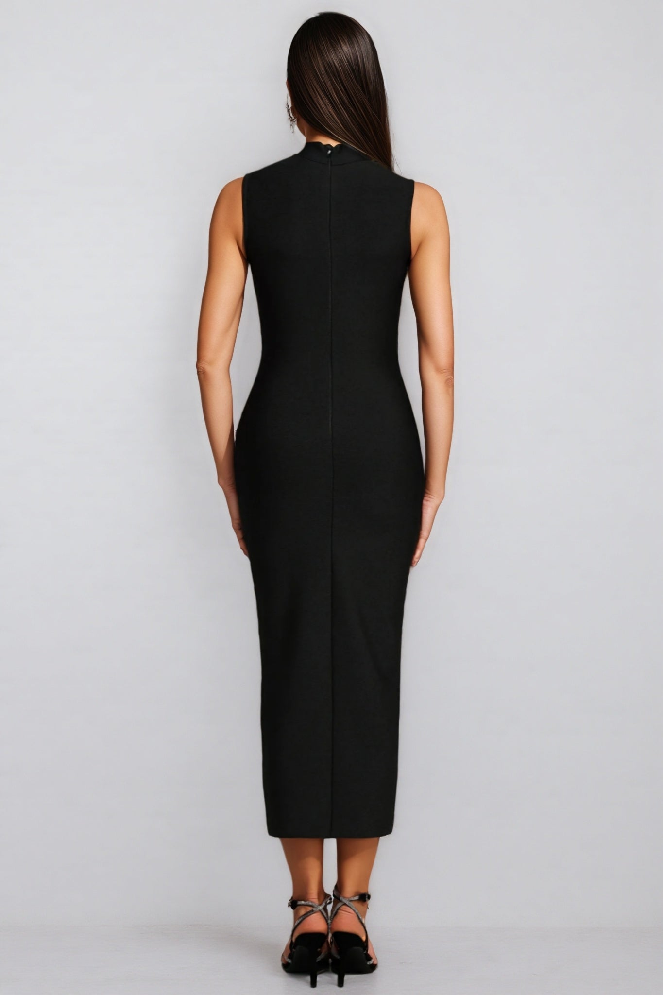 Rhinestone Sunburst Mock Neck Sleeveless Front Slit Bandage Midi Dress