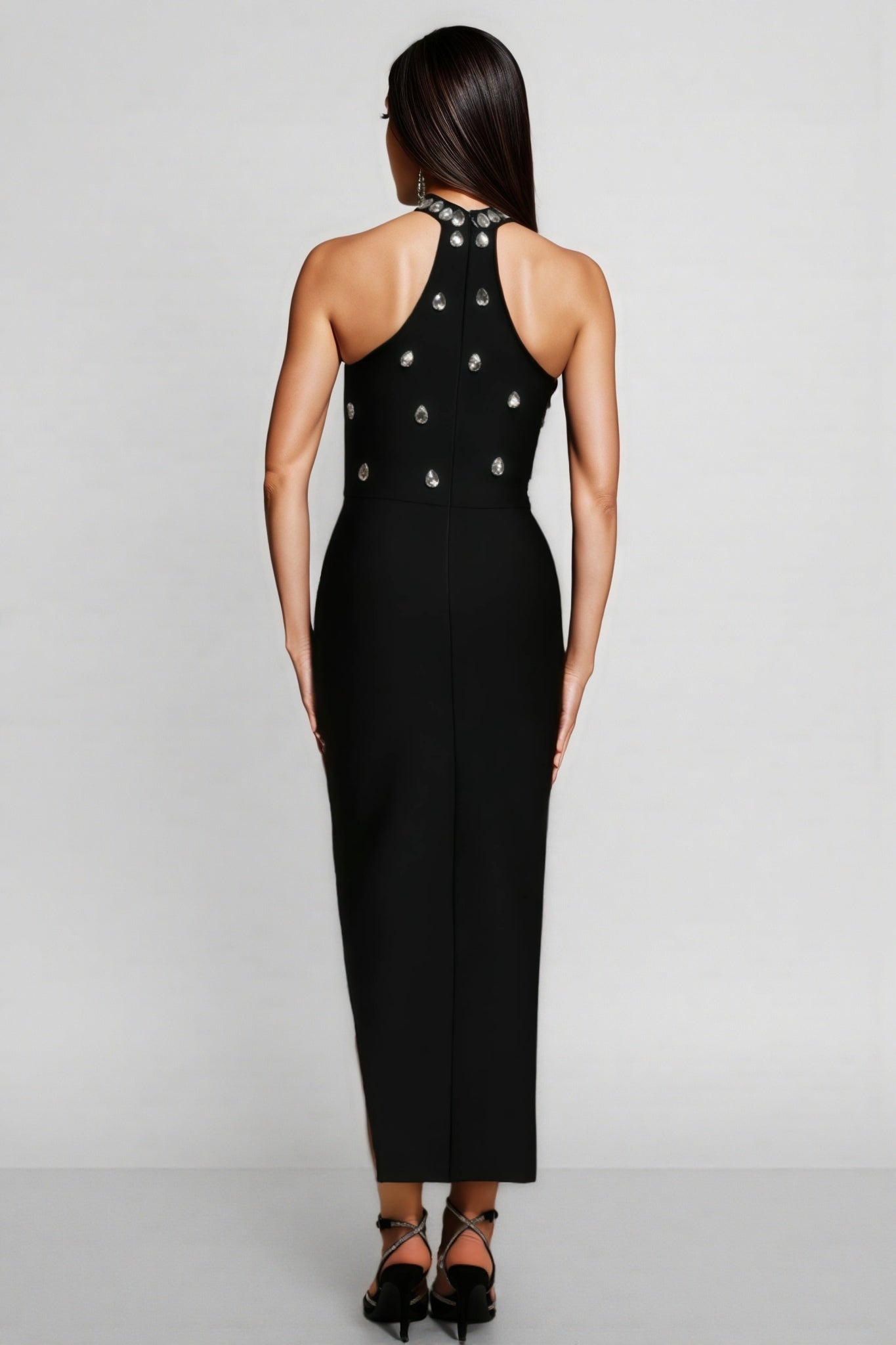 Bandage Rhinestone Halter Neck Sleeveless High Split Midi Dress