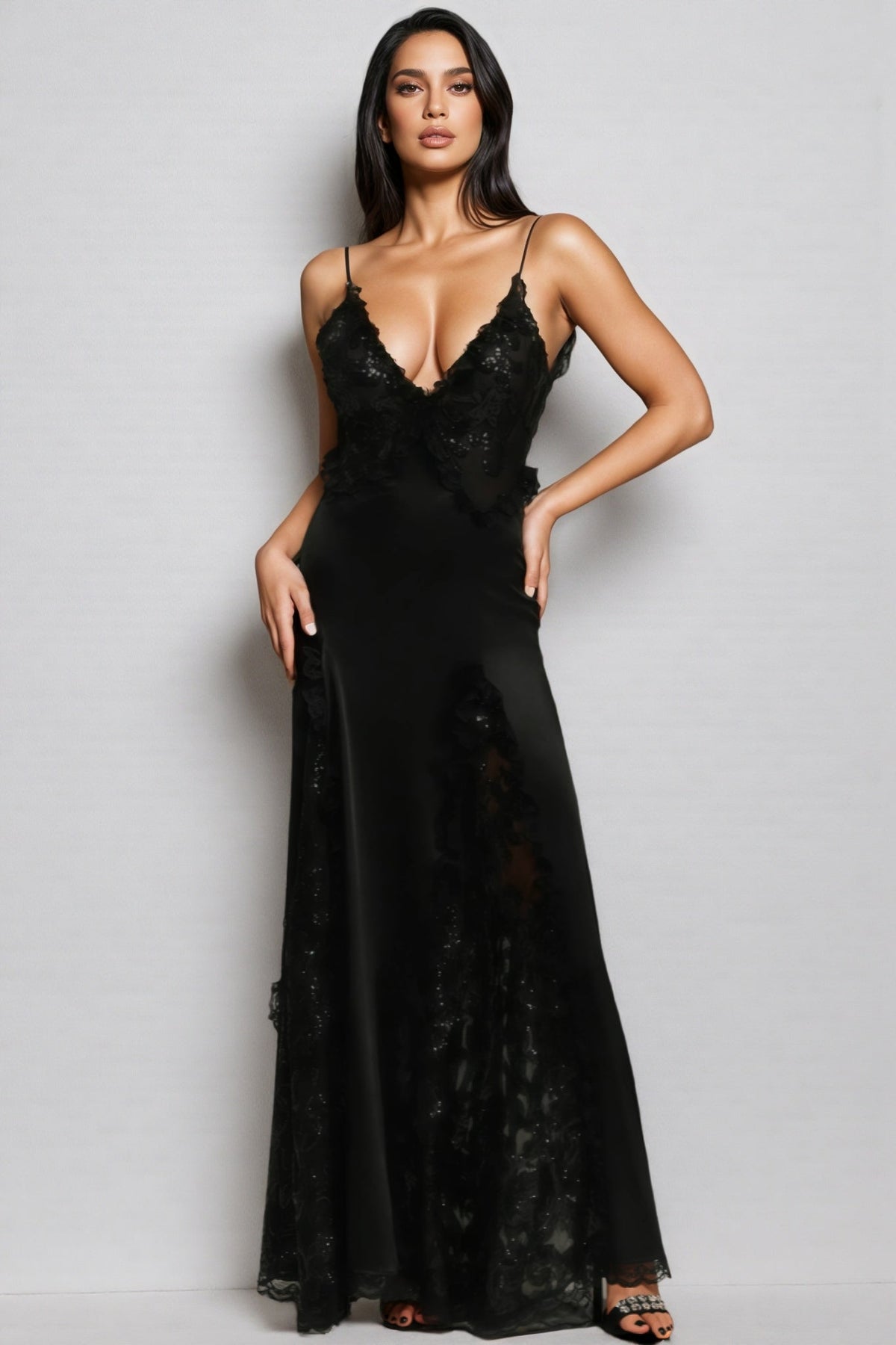 Deep V-Neck Spaghetti Strap Lace Trim Satin Panel Maxi Dress