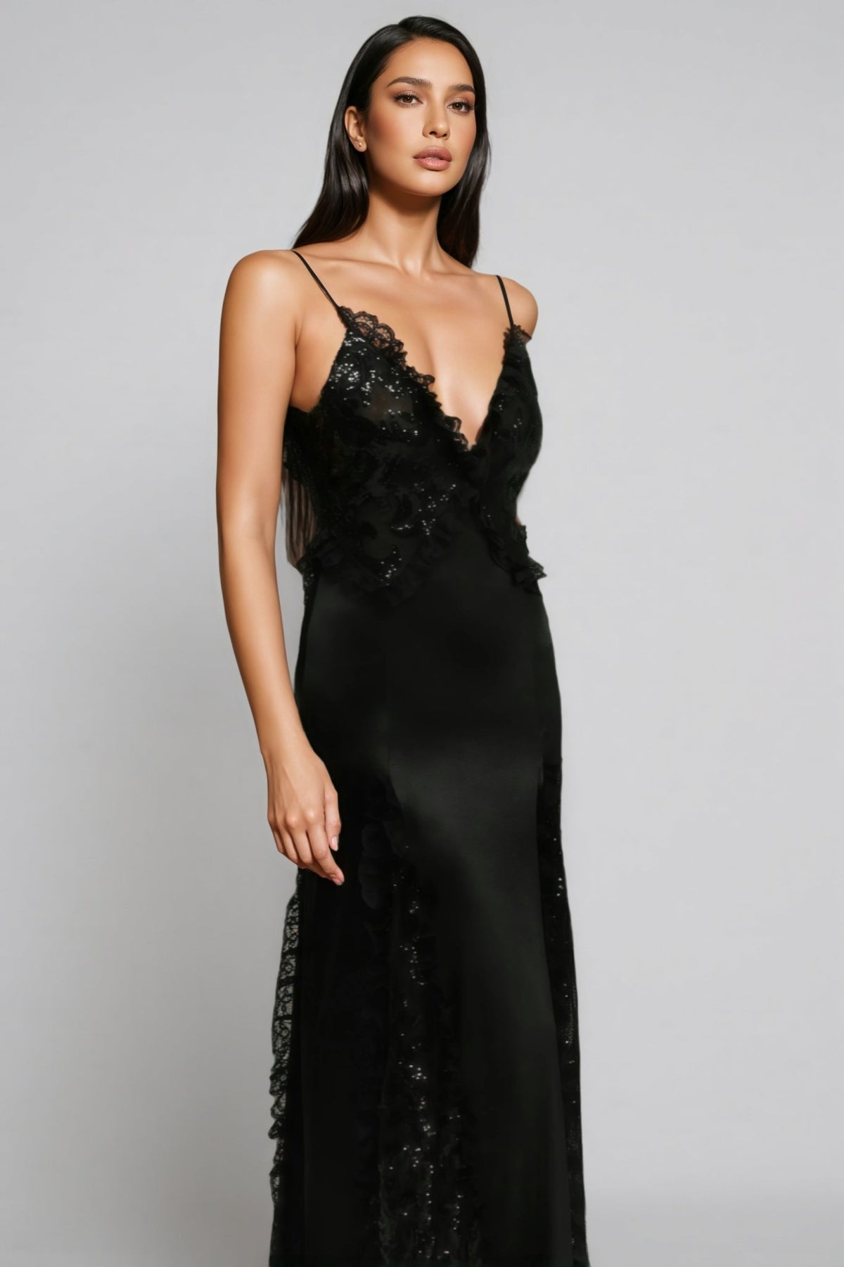 Deep V-Neck Spaghetti Strap Lace Trim Satin Panel Maxi Dress 4