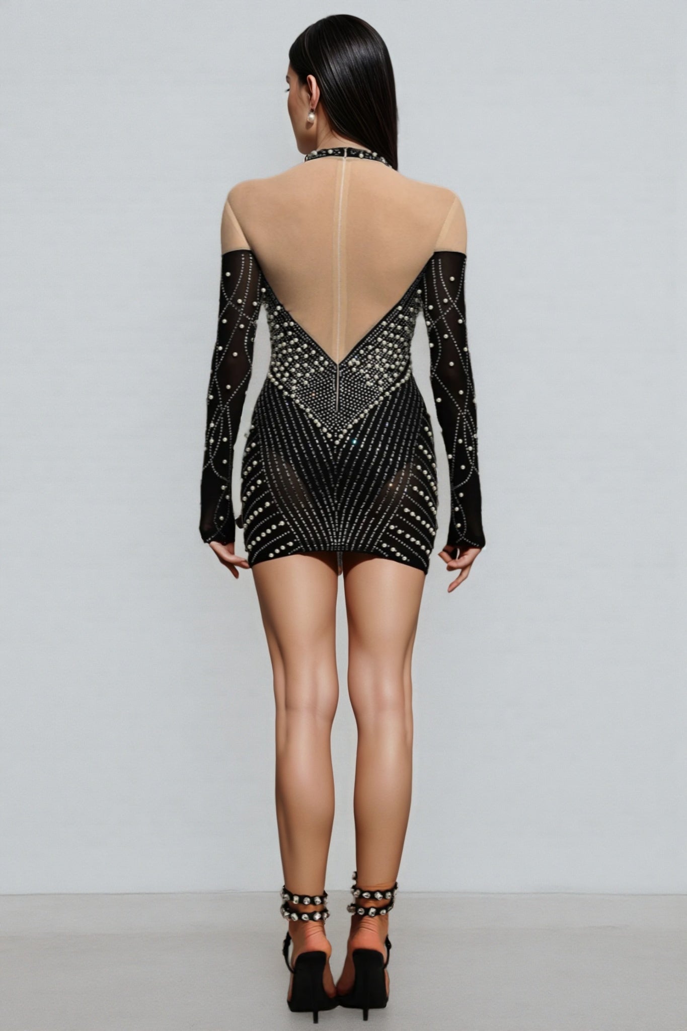 Pearl Rhinestone Illusion Mesh Mock Neck Long Sleeve Bodycon Mini Dress