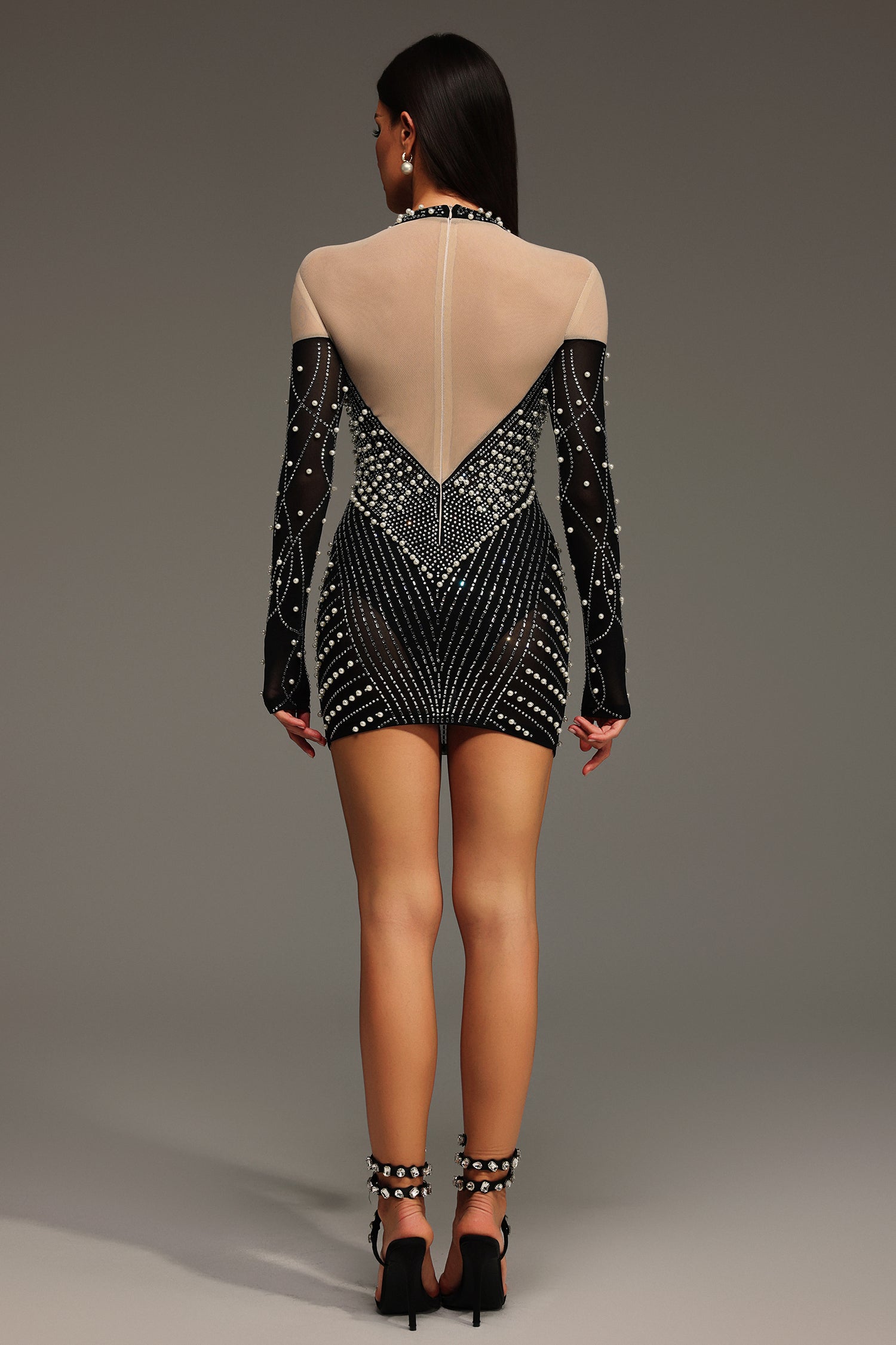 Long Sleeve Pearl Rhinestone Mesh Illusion Bodycon Mini Dress - View 6