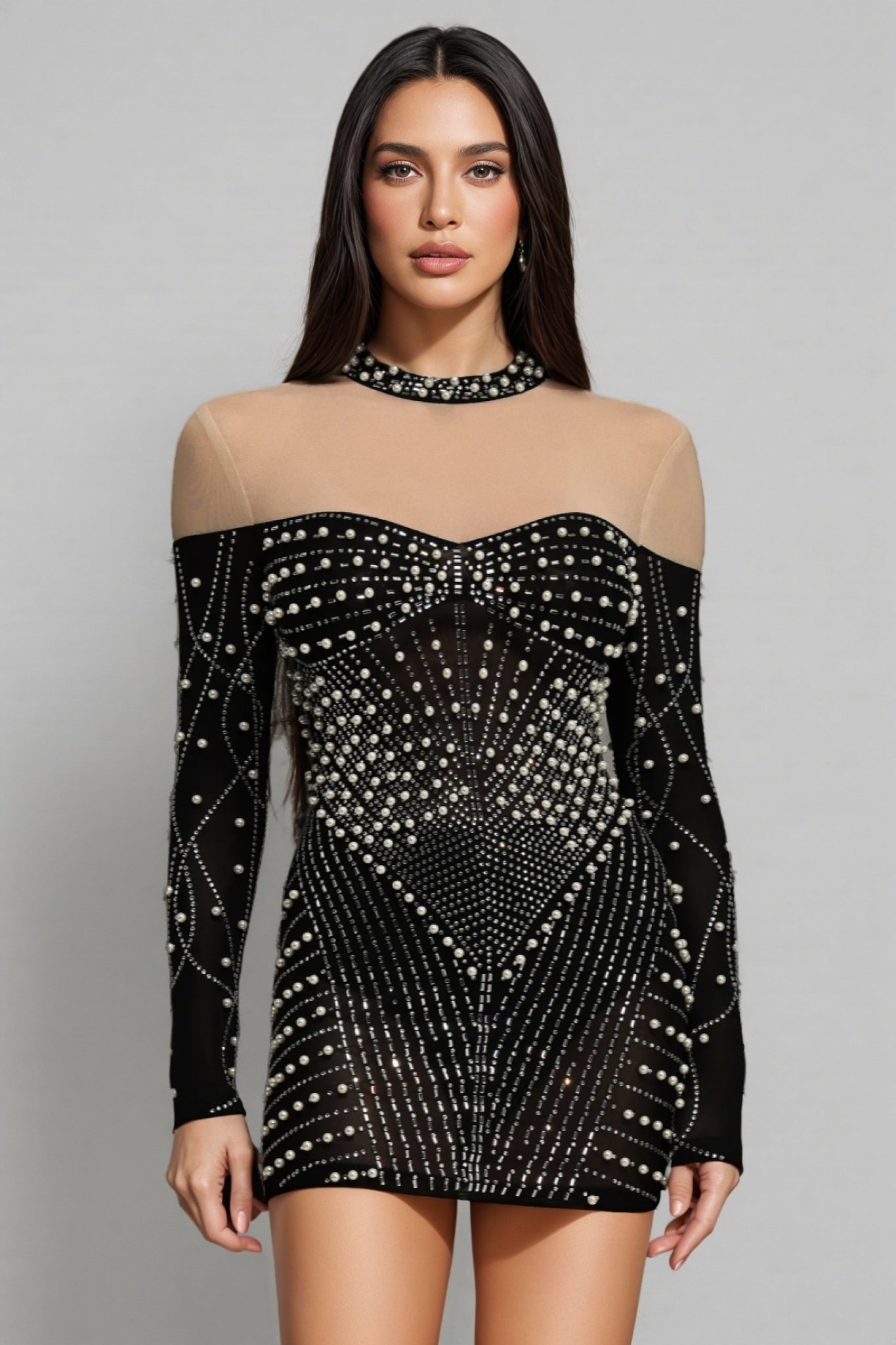 Pearl Rhinestone Illusion Mesh Mock Neck Long Sleeve Bodycon Mini Dress