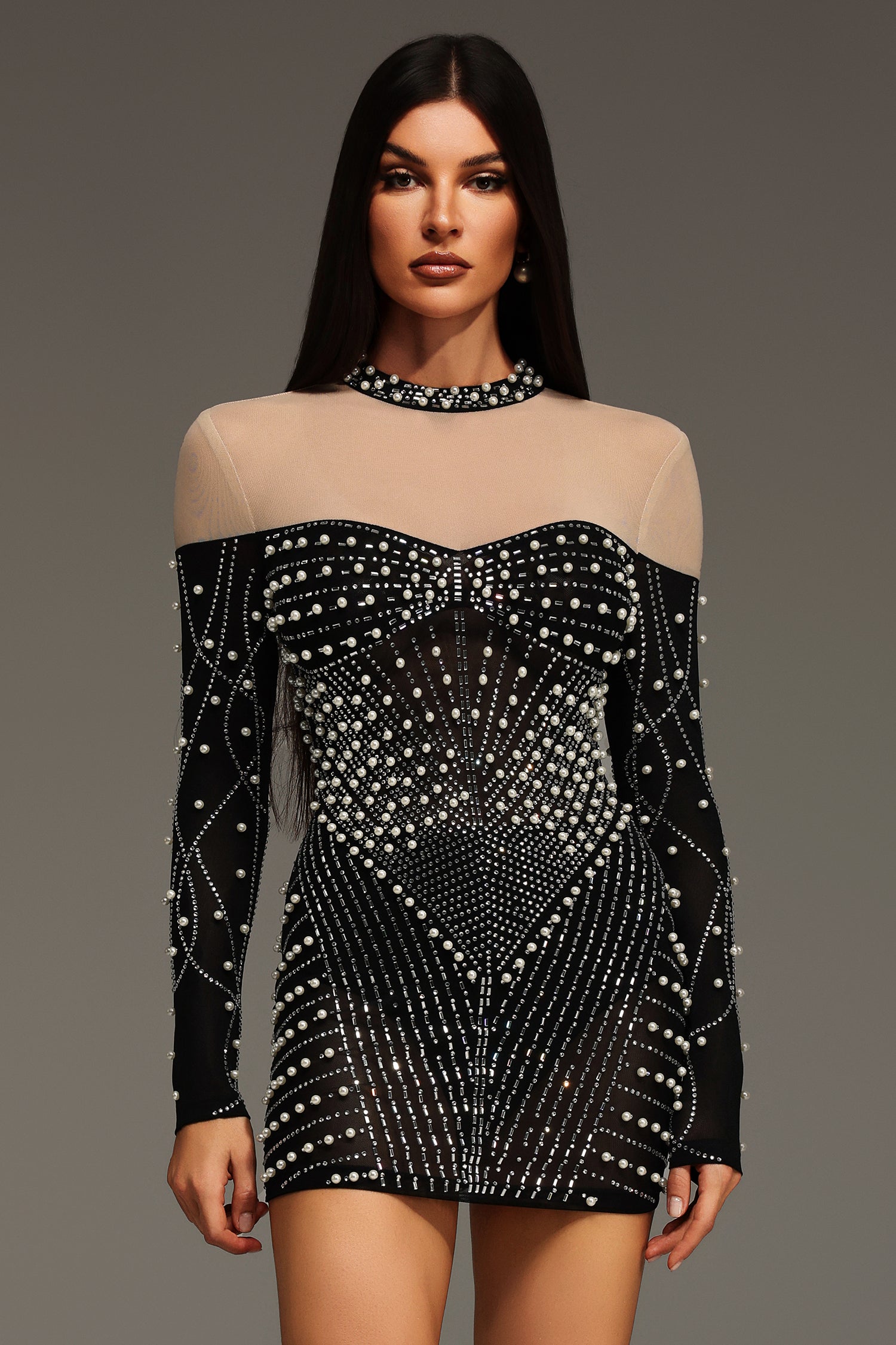 Long Sleeve Pearl Rhinestone Mesh Illusion Bodycon Mini Dress